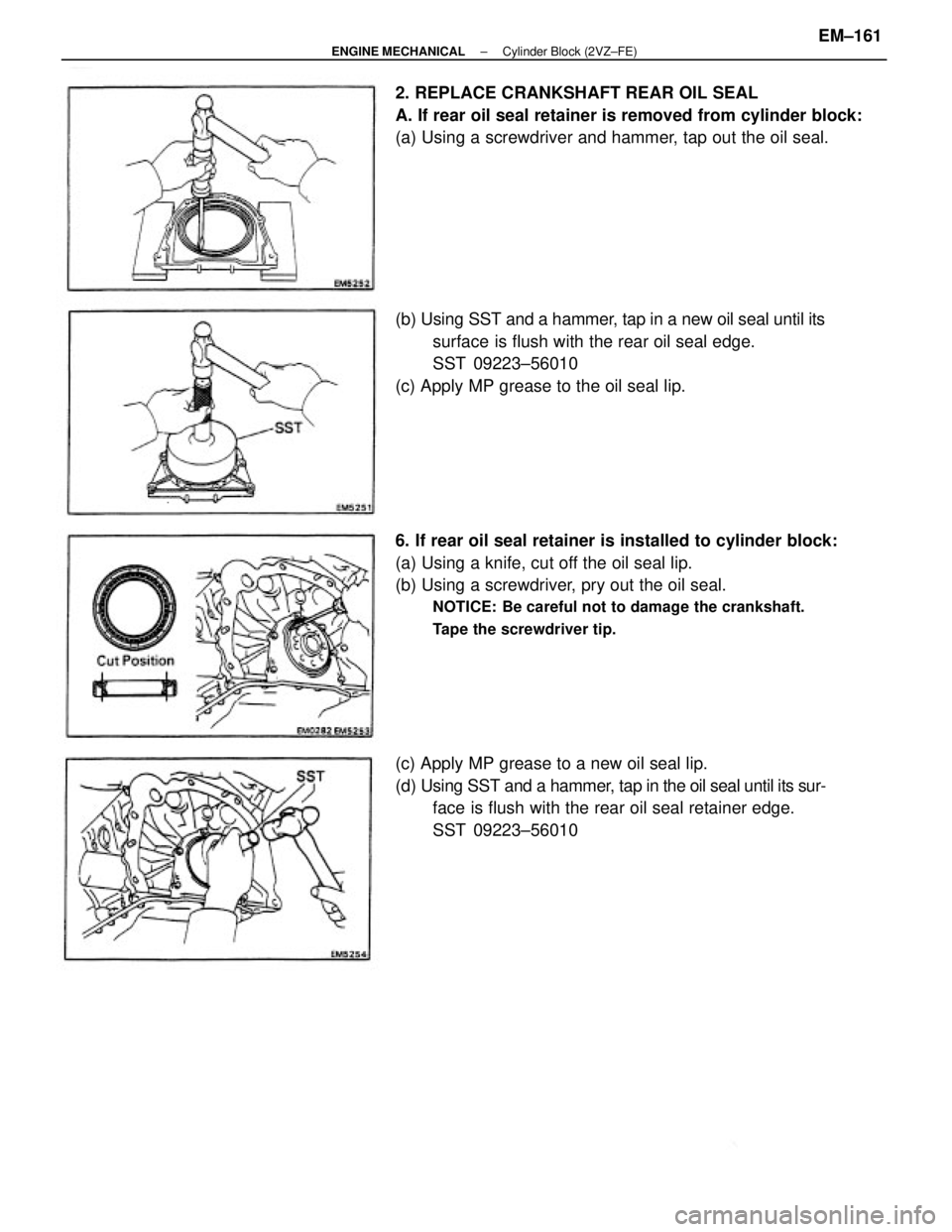 TOYOTA CAMRY V20 1986  Service Information 6. If rear oil seal retainer is installed to cylinder block:
(a) Using a knife, cut off the oil seal lip.
(b) Using a screwdriver, pry out the oil seal.
NOTICE: Be careful not to damage the crankshaft