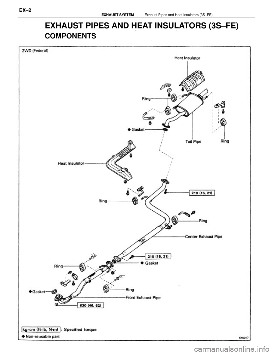 TOYOTA CAMRY V20 1986  Service Information EXHAUST PIPES AND HEAT INSULATORS (3S±FE)
COMPONENTS
± EXHAUST SYSTEMExhaust Pipes and Heat Insulators (3S±FE)EX±2 