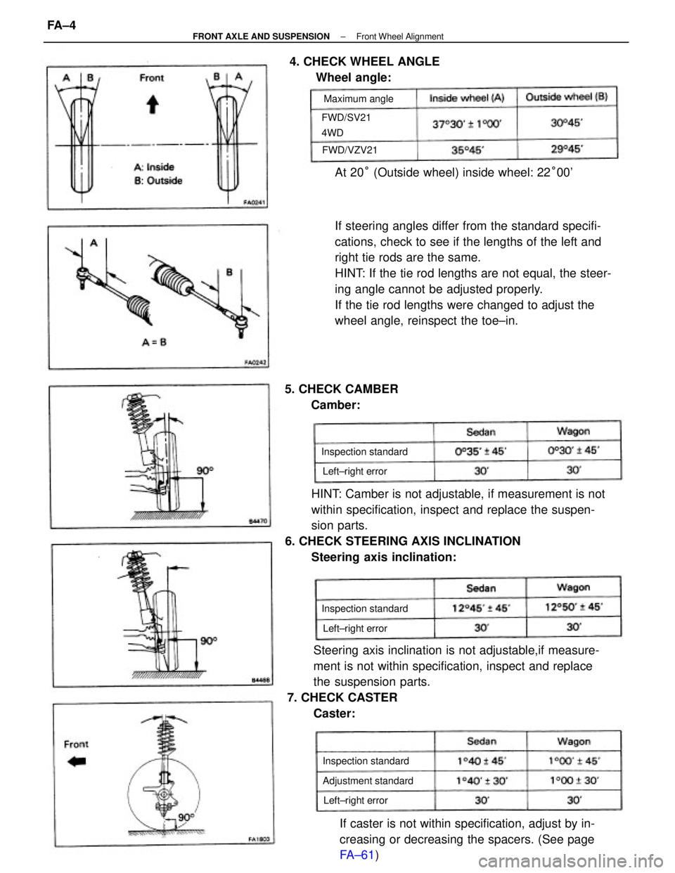 TOYOTA CAMRY V20 1986  Service Information If steering angles differ from the standard specifi-
cations, check to see if the lengths of the left and
right tie rods are the same.
HINT: If the tie rod lengths are not equal, the steer-
ing angle 