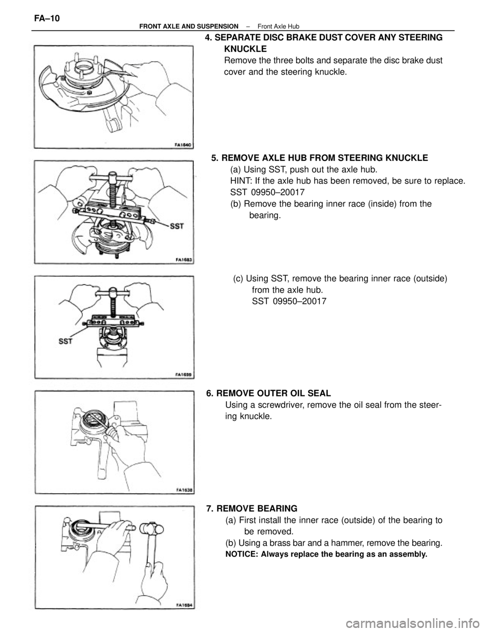 TOYOTA CAMRY V20 1986  Service Information 5. REMOVE AXLE HUB FROM STEERING KNUCKLE
(a) Using SST, push out the axle hub.
HINT: If the axle hub has been removed, be sure to replace.
SST 09950±20017
(b) Remove the bearing inner race (inside) f