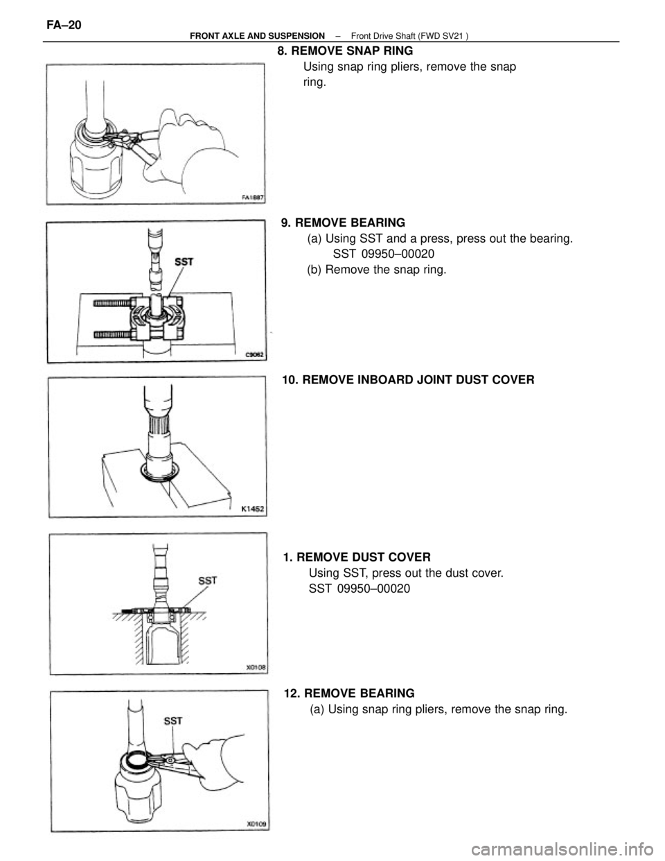 TOYOTA CAMRY V20 1986  Service Information 9. REMOVE BEARING
(a) Using SST and a press, press out the bearing.
SST 09950±00020
(b) Remove the snap ring. 8. REMOVE SNAP RING
Using snap ring pliers, remove the snap
ring.
1. REMOVE DUST COVER
Us