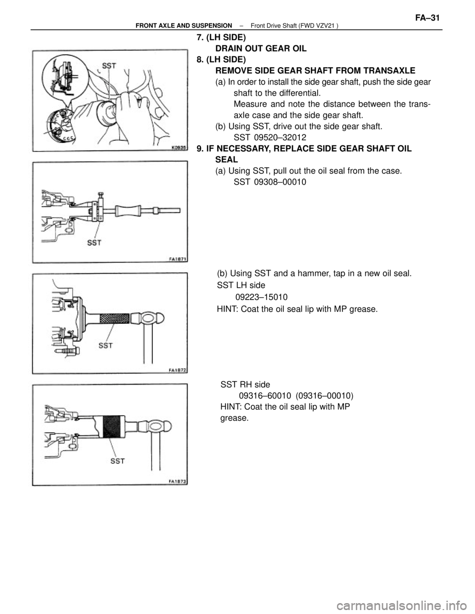 TOYOTA CAMRY V20 1986  Service Information 7. (LH SIDE)
DRAIN OUT GEAR OIL
8. (LH SIDE)
REMOVE SIDE GEAR SHAFT FROM TRANSAXLE
(a) In order to install the side gear shaft, push the side gear
shaft to the differential.
Measure and note the dista