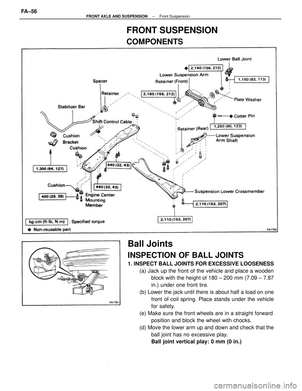 TOYOTA CAMRY V20 1986  Service Information Ball Joints
INSPECTION OF BALL JOINTS
1. INSPECT BALL JOINTS FOR EXCESSIVE LOOSENESS
(a) Jack up the front of the vehicle and place a wooden
block with the height of 180 ± 200 mm (7.09 ± 7.87
in.) u