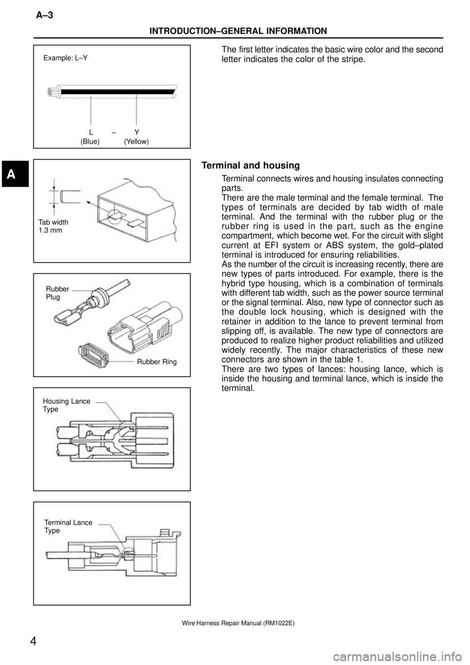 TOYOTA CAMRY V20 1986  Service Information LY±
(Blue) (Yellow) Example: L±Y
Tab width
1.3 mm
Rubber 
Plug
Rubber Ring
Housing Lance
Type
Terminal Lance
Type
INTRODUCTION±GENERAL INFORMATION
A±3
4
Wire Harness Repair Manual (RM1022E)
The fi