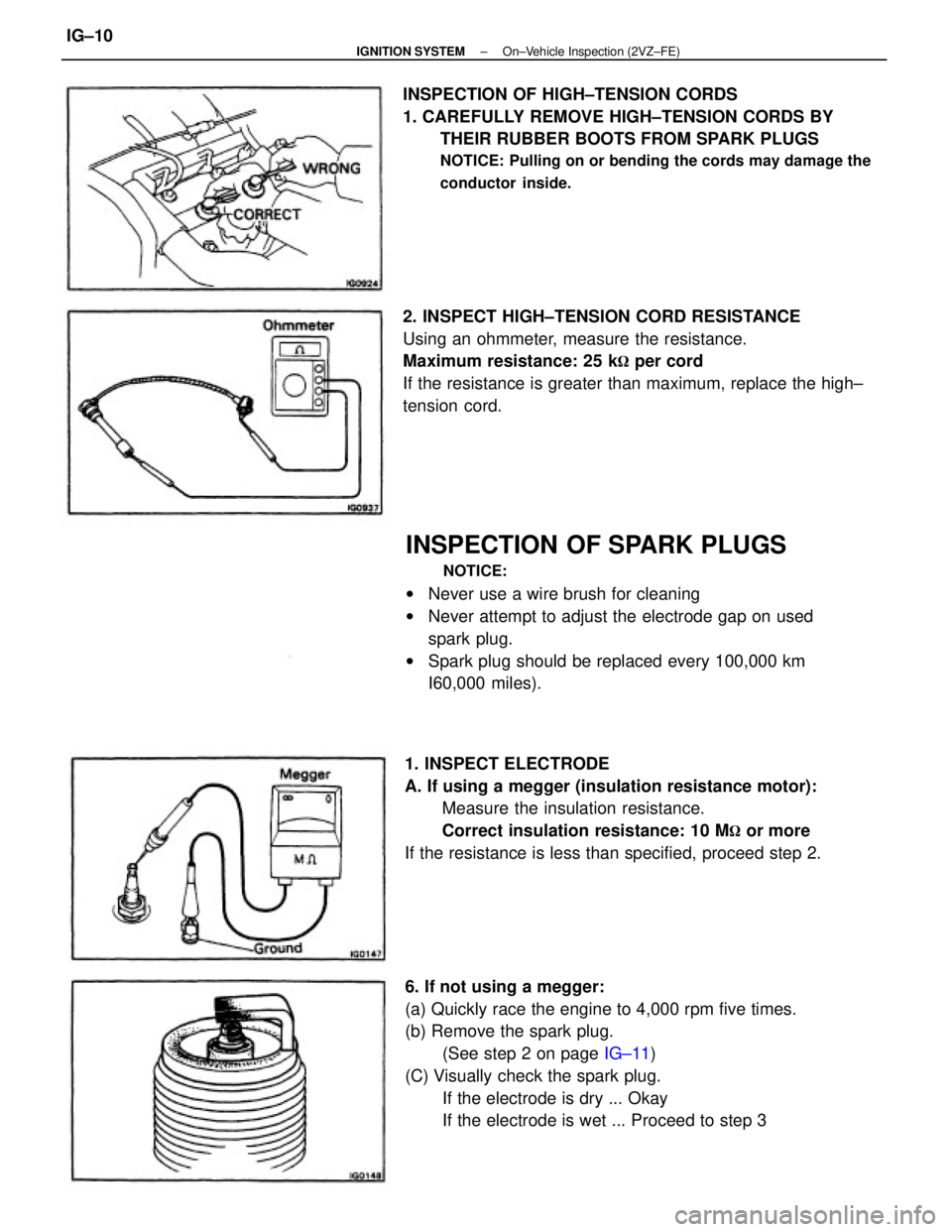 TOYOTA CAMRY V20 1986  Service Information INSPECTION OF SPARK PLUGS
NOTICE:
wNever use a wire brush for cleaning
wNever attempt to adjust the electrode gap on used
spark plug.
wSpark plug should be replaced every 100,000 km
I60,000 miles).
6.