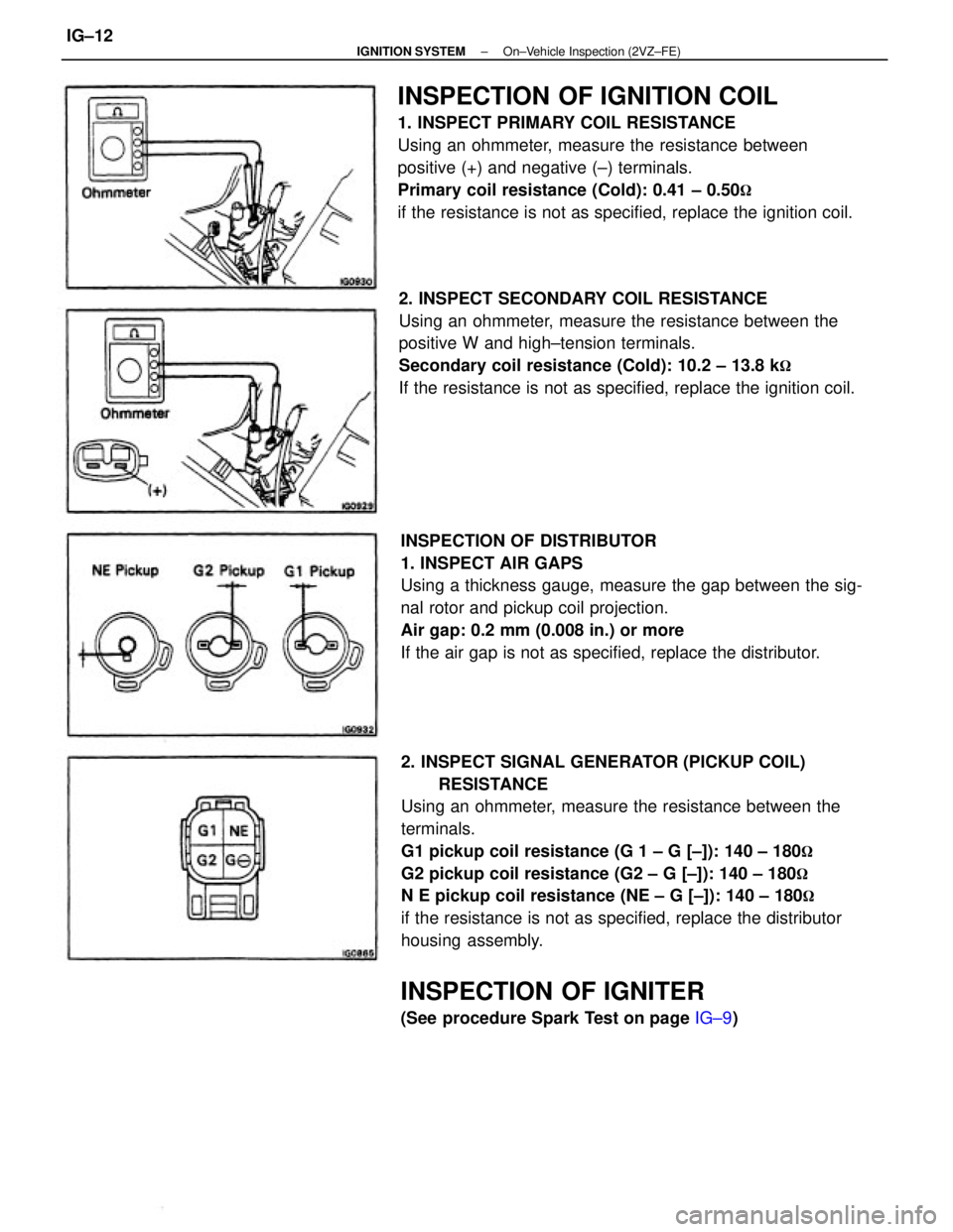 TOYOTA CAMRY V20 1986  Service Information 2. INSPECT SIGNAL GENERATOR (PICKUP COIL)
RESISTANCE
Using an ohmmeter, measure the resistance between the
terminals.
G1 pickup coil resistance (G 1 ± G [±]): 140 ± 180

G2 pickup coil resistance 