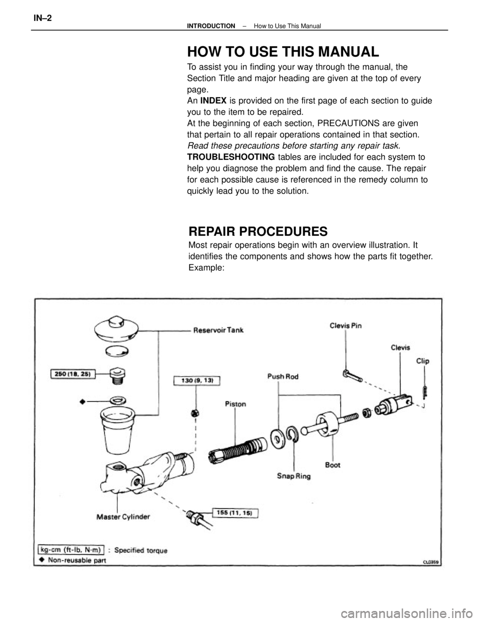 TOYOTA CAMRY V20 1986  Service Information HOW TO USE THIS MANUAL
To assist you in finding your way through the manual, the
Section Title and major heading are given at the top of every
page.
An INDEX is provided on the first page of each sect