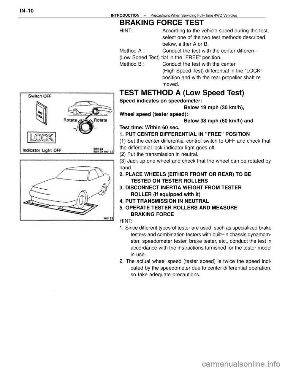 TOYOTA CAMRY V20 1986 Service Information BRAKING FORCE TEST
HINT: According to the vehicle speed during the test,
select one of the two test methods described
below, either A or B.
Method A : Conduct the test with the center differen±
TOYOTA CAMRY V20 1986 Service Information BRAKING FORCE TEST
HINT: According to the vehicle speed during the test,
select one of the two test methods described
below, either A or B.
Method A : Conduct the test with the center differen±