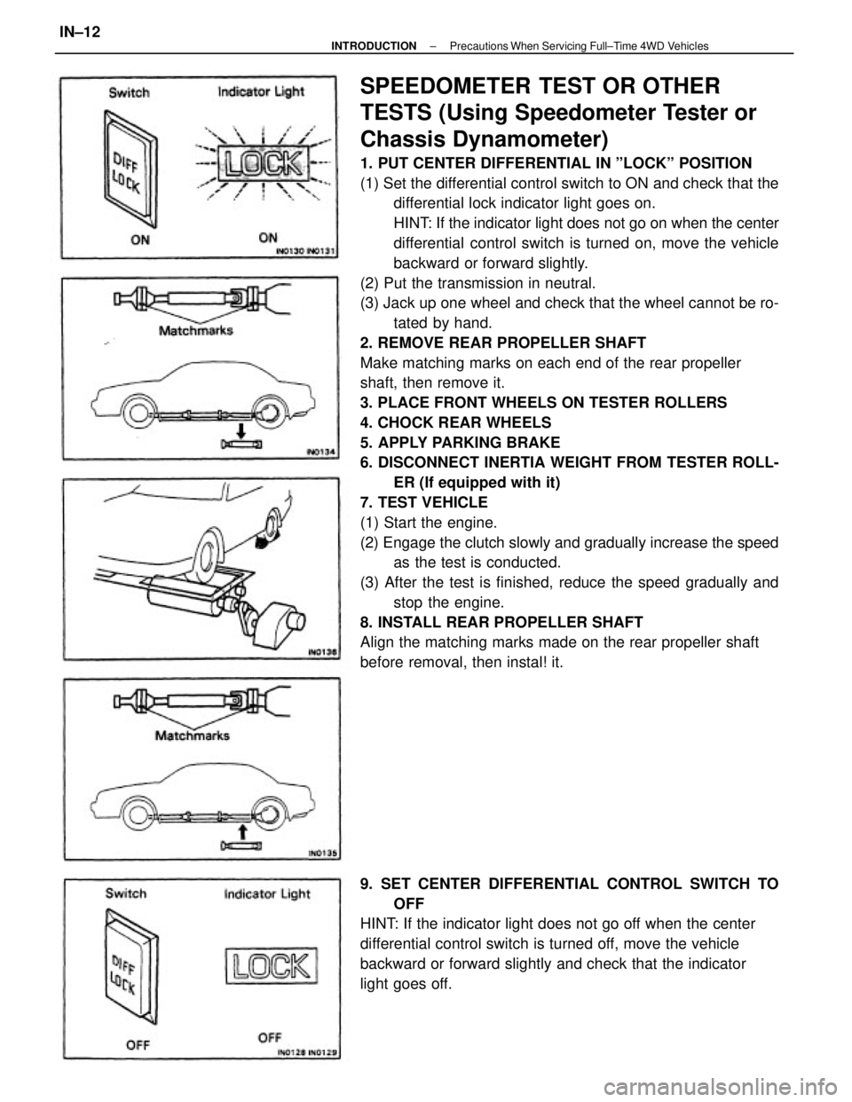 TOYOTA CAMRY V20 1986 Service Information SPEEDOMETER TEST OR OTHER
TESTS (Using Speedometer Tester or
Chassis Dynamometer)
1. PUT CENTER DIFFERENTIAL IN ºLOCKº POSITION
(1) Set the differential control switch to ON and check that the
diff TOYOTA CAMRY V20 1986 Service Information SPEEDOMETER TEST OR OTHER
TESTS (Using Speedometer Tester or
Chassis Dynamometer)
1. PUT CENTER DIFFERENTIAL IN ºLOCKº POSITION
(1) Set the differential control switch to ON and check that the
diff