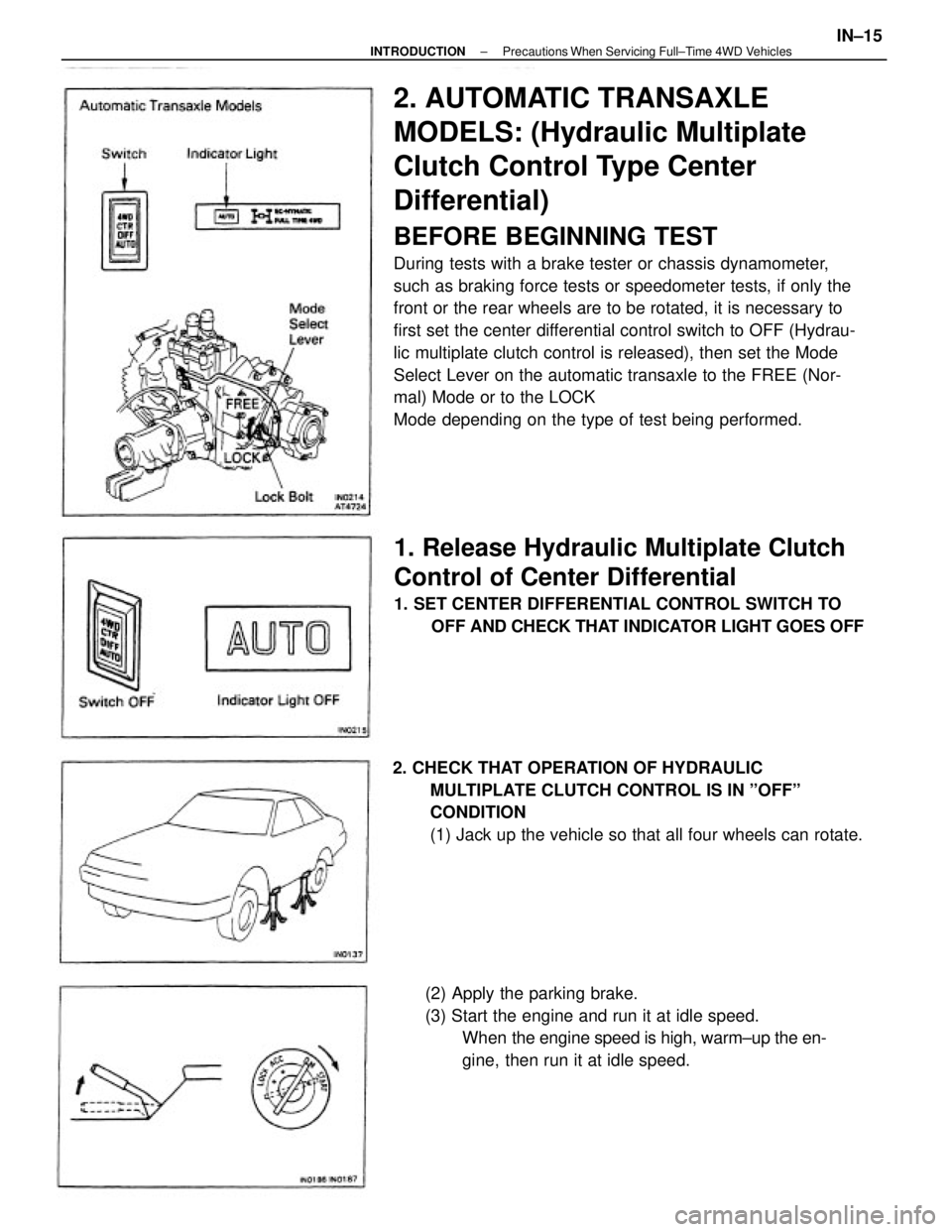 TOYOTA CAMRY V20 1986  Service Information 2. AUTOMATIC TRANSAXLE
MODELS: (Hydraulic Multiplate
Clutch Control Type Center
Differential)
BEFORE BEGINNING TEST
During tests with a brake tester or chassis dynamometer,
such as braking force tests