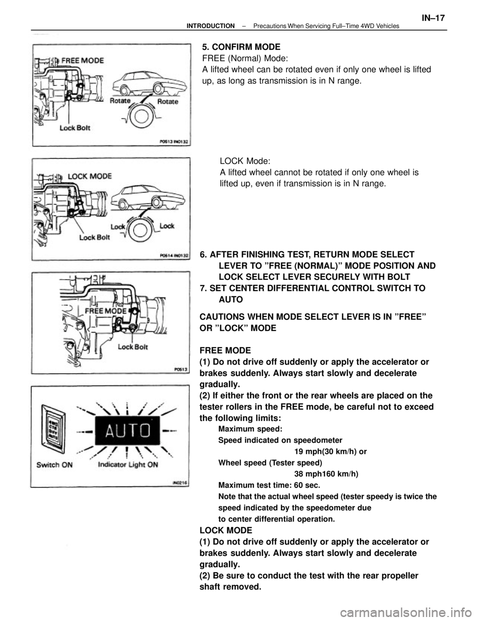 TOYOTA CAMRY V20 1986  Service Information CAUTIONS WHEN MODE SELECT LEVER IS IN ºFREEº
OR ºLOCKº MODE
FREE MODE
(1) Do not drive off suddenly or apply the accelerator or
brakes  suddenly. Always start slowly and decelerate
gradually.
(2) 