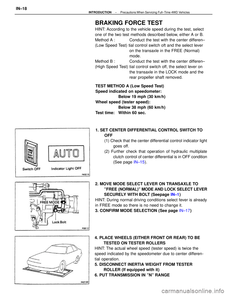 TOYOTA CAMRY V20 1986  Service Information BRAKING FORCE TEST
HINT: According to the vehicle speed during the test, select
one of the two test methods described below, either A or B.
Method A :  Conduct the test with the center differen±
(Low