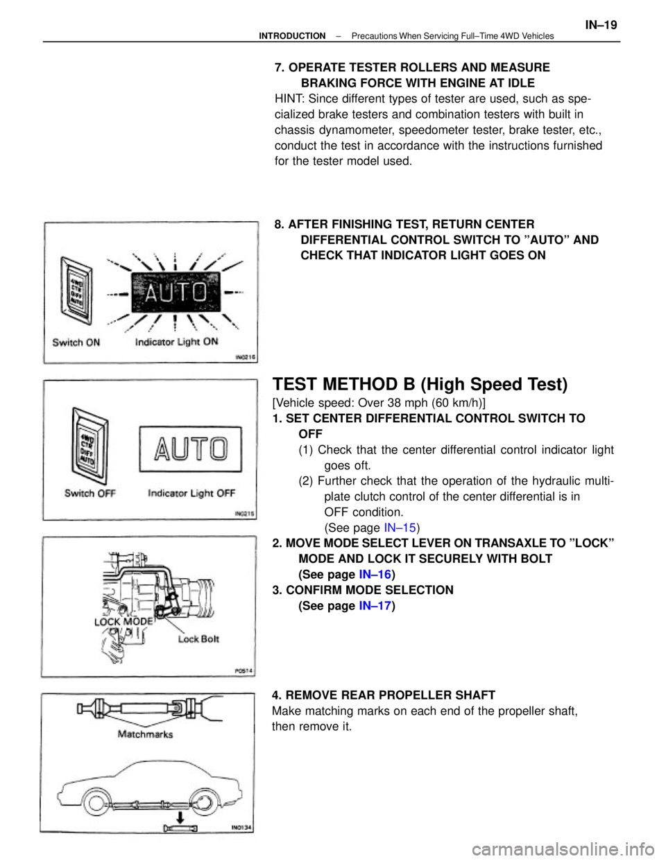 TOYOTA CAMRY V20 1986  Service Information TEST METHOD B (High Speed Test)
[Vehicle speed: Over 38 mph (60 km/h)]
1. SET CENTER DIFFERENTIAL CONTROL SWITCH TO
OFF
(1) Check that the center differential control indicator light
goes oft.
(2) Fur