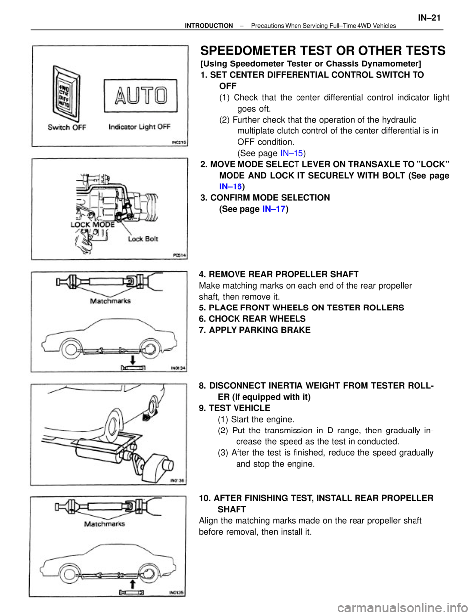 TOYOTA CAMRY V20 1986  Service Information SPEEDOMETER  TEST OR OTHER TESTS
[Using Speedometer Tester or Chassis Dynamometer]
1. SET CENTER DIFFERENTIAL CONTROL SWITCH TO
OFF
(1) Check that the center differential control indicator light
goes 