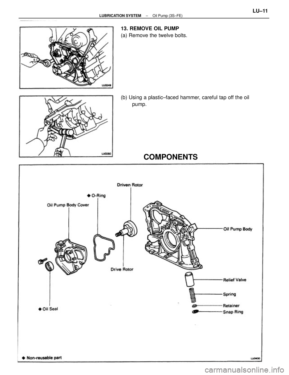 TOYOTA CAMRY V20 1986  Service Information (b) Using a plastic±faced hammer, careful tap off the oil
pump. 13. REMOVE OIL PUMP
(a) Remove the twelve bolts.
COMPONENTS
± LUBRICATION SYSTEMOil Pump (3S±FE)LU±11 