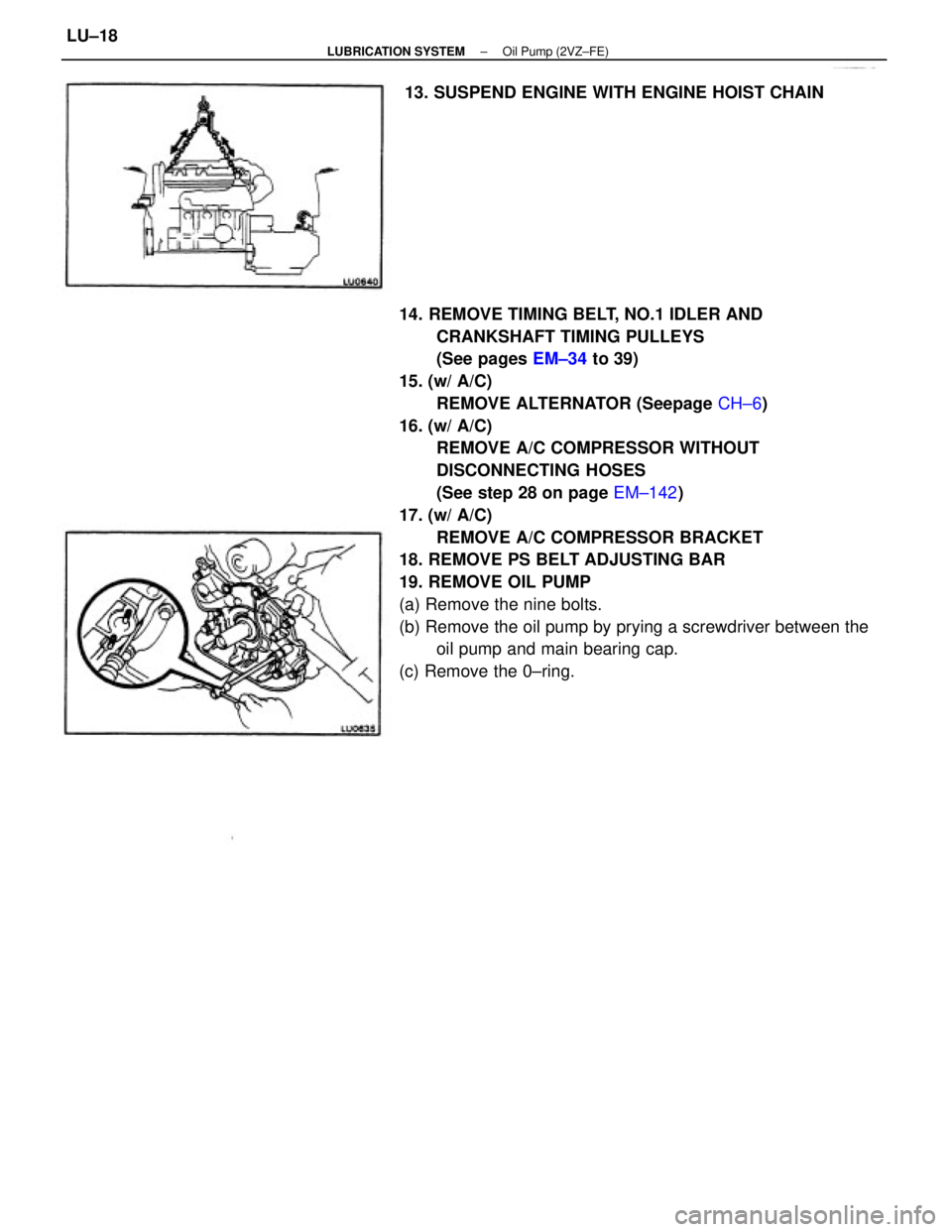 TOYOTA CAMRY V20 1986  Service Information 14. REMOVE TIMING BELT, NO.1 IDLER AND
CRANKSHAFT TIMING PULLEYS
(See pages EM±34 to 39)
15. (w/ A/C)
REMOVE ALTERNATOR (Seepage CH±6)
16. (w/ A/C)
REMOVE A/C COMPRESSOR WITHOUT
DISCONNECTING HOSES

