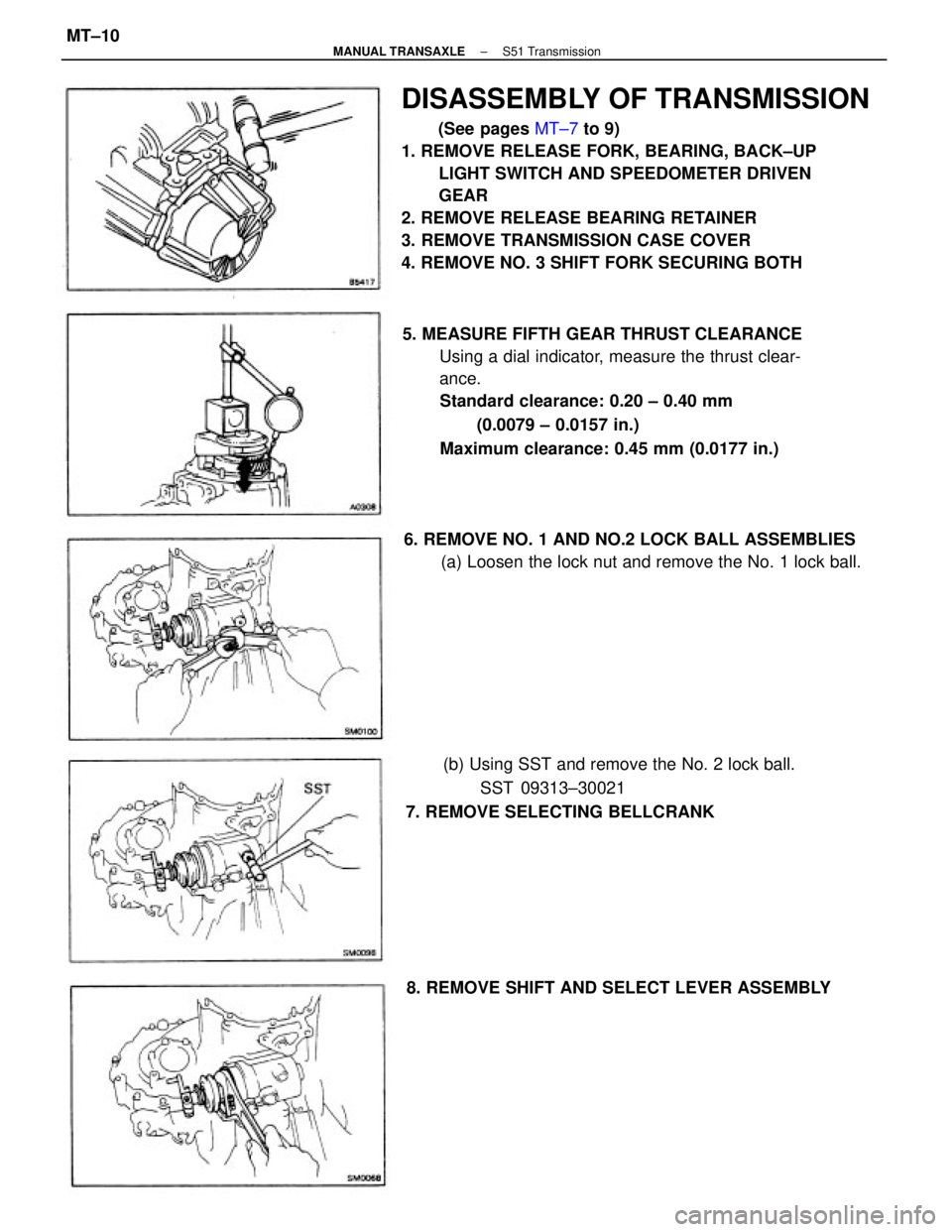 TOYOTA CAMRY V20 1986  Service Information DISASSEMBLY OF TRANSMISSION
(See pages MT±7 to 9)
1. REMOVE RELEASE FORK, BEARING, BACK±UP
LIGHT SWITCH AND SPEEDOMETER DRIVEN
GEAR
2. REMOVE RELEASE BEARING RETAINER
3. REMOVE TRANSMISSION CASE COV