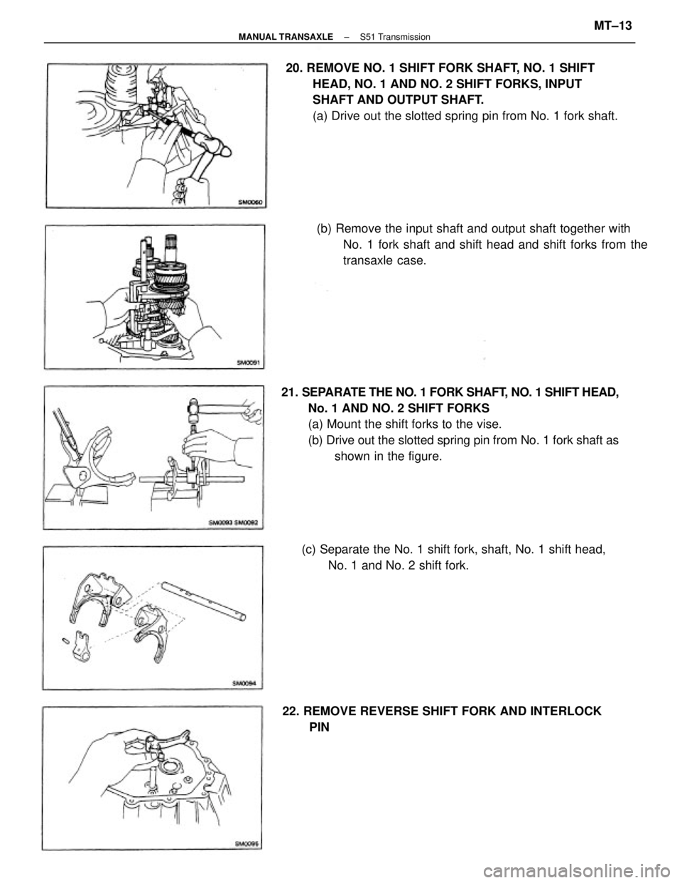TOYOTA CAMRY V20 1986 Service Information 21. SEPARATE THE NO. 1 FORK SHAFT, NO. 1 SHIFT HEAD,
No. 1 AND NO. 2 SHIFT FORKS
(a) Mount the shift forks to the vise.
(b) Drive out the slotted spring pin from No. 1 fork shaft as
shown in the figur TOYOTA CAMRY V20 1986 Service Information 21. SEPARATE THE NO. 1 FORK SHAFT, NO. 1 SHIFT HEAD,
No. 1 AND NO. 2 SHIFT FORKS
(a) Mount the shift forks to the vise.
(b) Drive out the slotted spring pin from No. 1 fork shaft as
shown in the figur