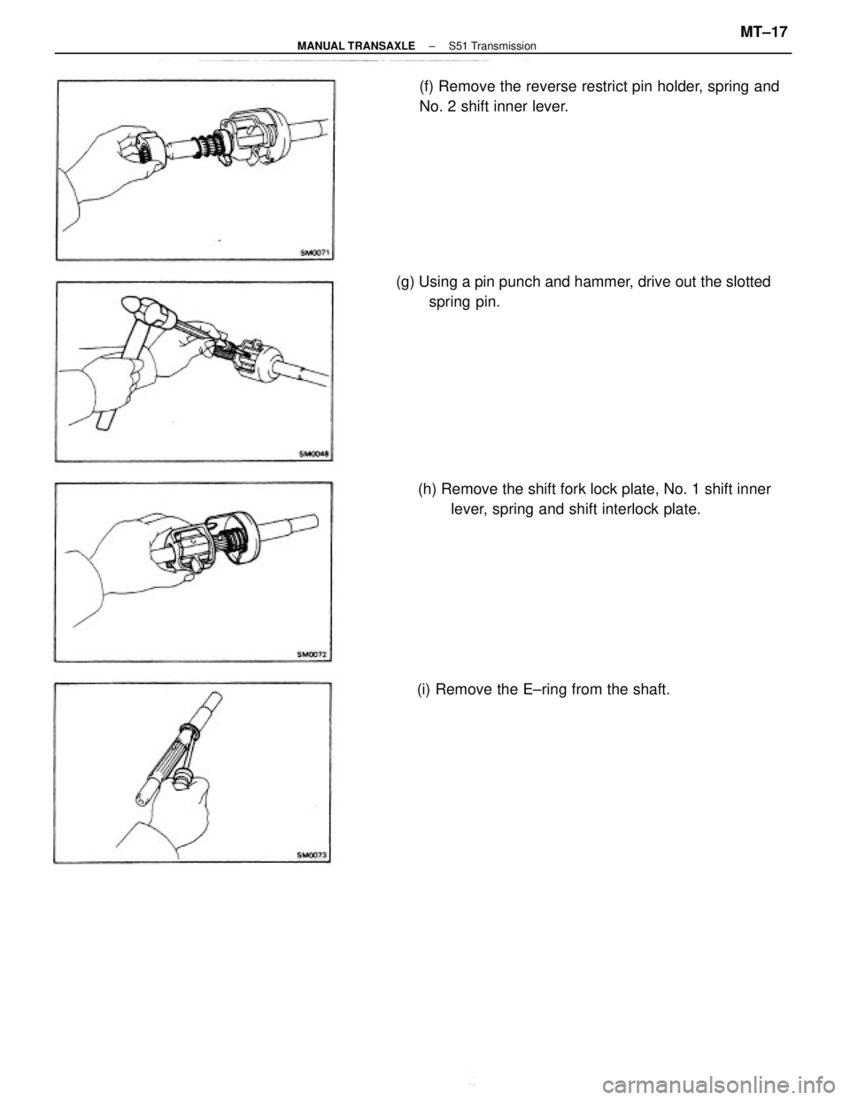 TOYOTA CAMRY V20 1986 Service Information (g) Using a pin punch and hammer, drive out the slotted
spring pin.
(h) Remove the shift fork lock plate, No. 1 shift inner
lever, spring and shift interlock plate. (f) Remove the reverse restrict pin TOYOTA CAMRY V20 1986 Service Information (g) Using a pin punch and hammer, drive out the slotted
spring pin.
(h) Remove the shift fork lock plate, No. 1 shift inner
lever, spring and shift interlock plate. (f) Remove the reverse restrict pin