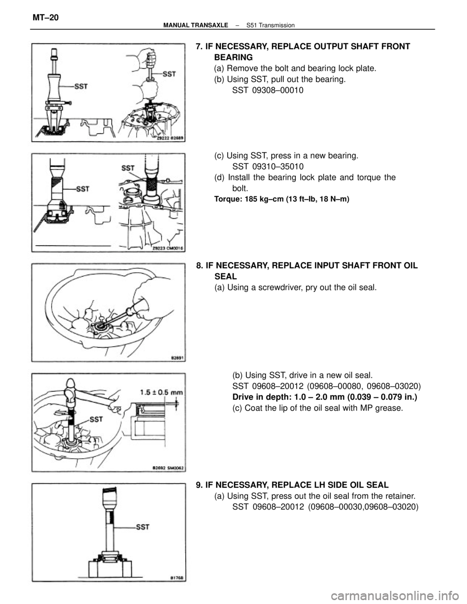TOYOTA CAMRY V20 1986 Service Information 7. IF NECESSARY, REPLACE OUTPUT SHAFT FRONT
BEARING
(a) Remove the bolt and bearing lock plate.
(b) Using SST, pull out the bearing.
SST 09308±00010
(b) Using SST, drive in a new oil seal.
SST 09608Â TOYOTA CAMRY V20 1986 Service Information 7. IF NECESSARY, REPLACE OUTPUT SHAFT FRONT
BEARING
(a) Remove the bolt and bearing lock plate.
(b) Using SST, pull out the bearing.
SST 09308±00010
(b) Using SST, drive in a new oil seal.
SST 09608Â