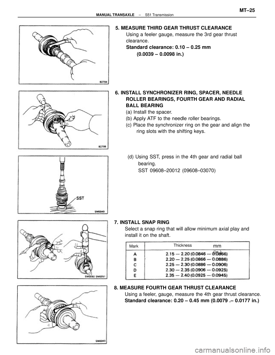 TOYOTA CAMRY V20 1986 Service Information 6. INSTALL SYNCHRONIZER RING, SPACER, NEEDLE
ROLLER BEARINGS, FOURTH GEAR AND RADIAL
BALL BEARING
(a) Install the spacer.
(b) Apply ATF to the needle roller bearings.
(c) Place the synchronizer ring o TOYOTA CAMRY V20 1986 Service Information 6. INSTALL SYNCHRONIZER RING, SPACER, NEEDLE
ROLLER BEARINGS, FOURTH GEAR AND RADIAL
BALL BEARING
(a) Install the spacer.
(b) Apply ATF to the needle roller bearings.
(c) Place the synchronizer ring o