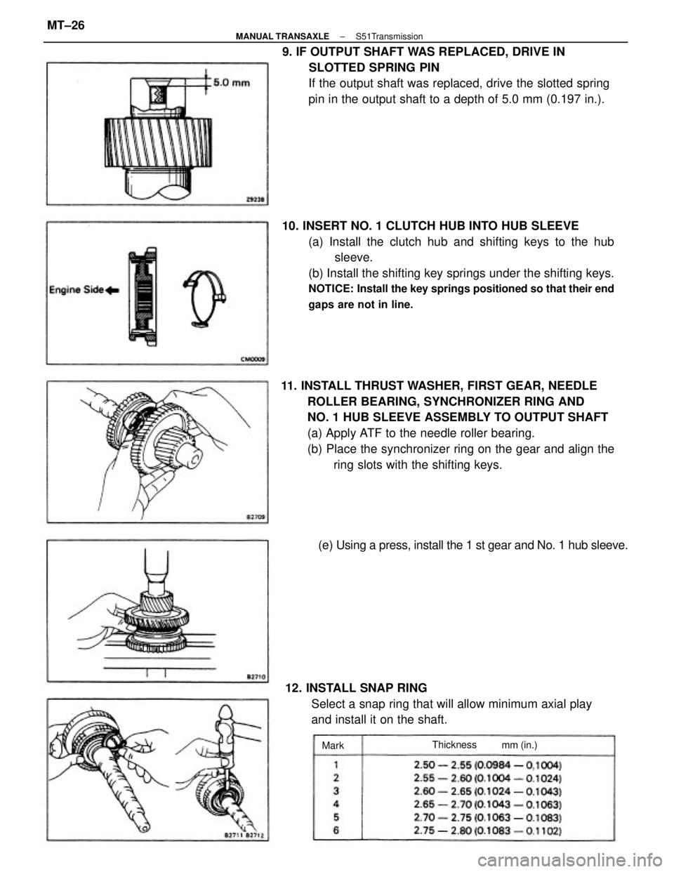 TOYOTA CAMRY V20 1986 Service Information 10. INSERT NO. 1 CLUTCH HUB INTO HUB SLEEVE
(a) Install the clutch hub and shifting keys to the hub
sleeve.
(b) Install the shifting key springs under the shifting keys.
NOTICE: Install the key spring TOYOTA CAMRY V20 1986 Service Information 10. INSERT NO. 1 CLUTCH HUB INTO HUB SLEEVE
(a) Install the clutch hub and shifting keys to the hub
sleeve.
(b) Install the shifting key springs under the shifting keys.
NOTICE: Install the key spring