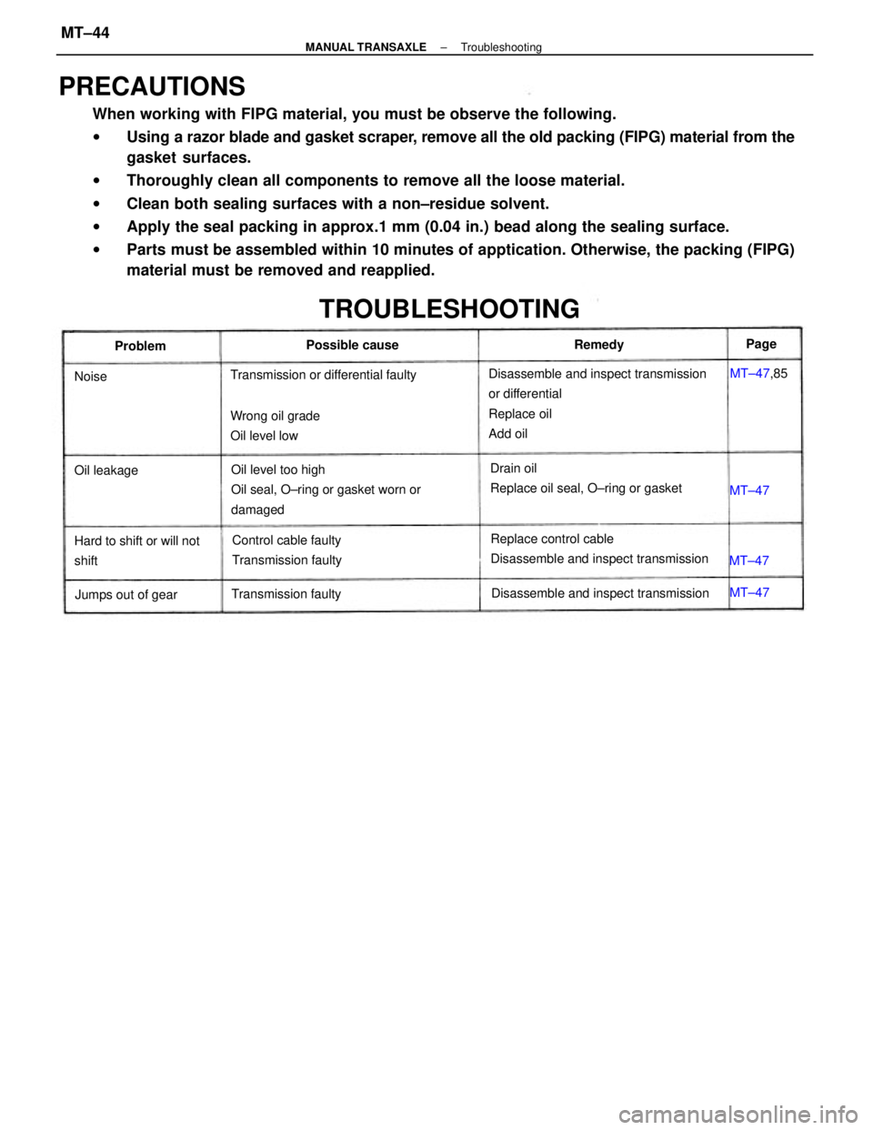 TOYOTA CAMRY V20 1986 Service Information PRECAUTIONS
When working with FIPG material, you must be observe the following.
wUsing a razor blade and gasket scraper, remove all the old packing (FIPG) material from the
gasket surfaces.
wThoroughl TOYOTA CAMRY V20 1986 Service Information PRECAUTIONS
When working with FIPG material, you must be observe the following.
wUsing a razor blade and gasket scraper, remove all the old packing (FIPG) material from the
gasket surfaces.
wThoroughl