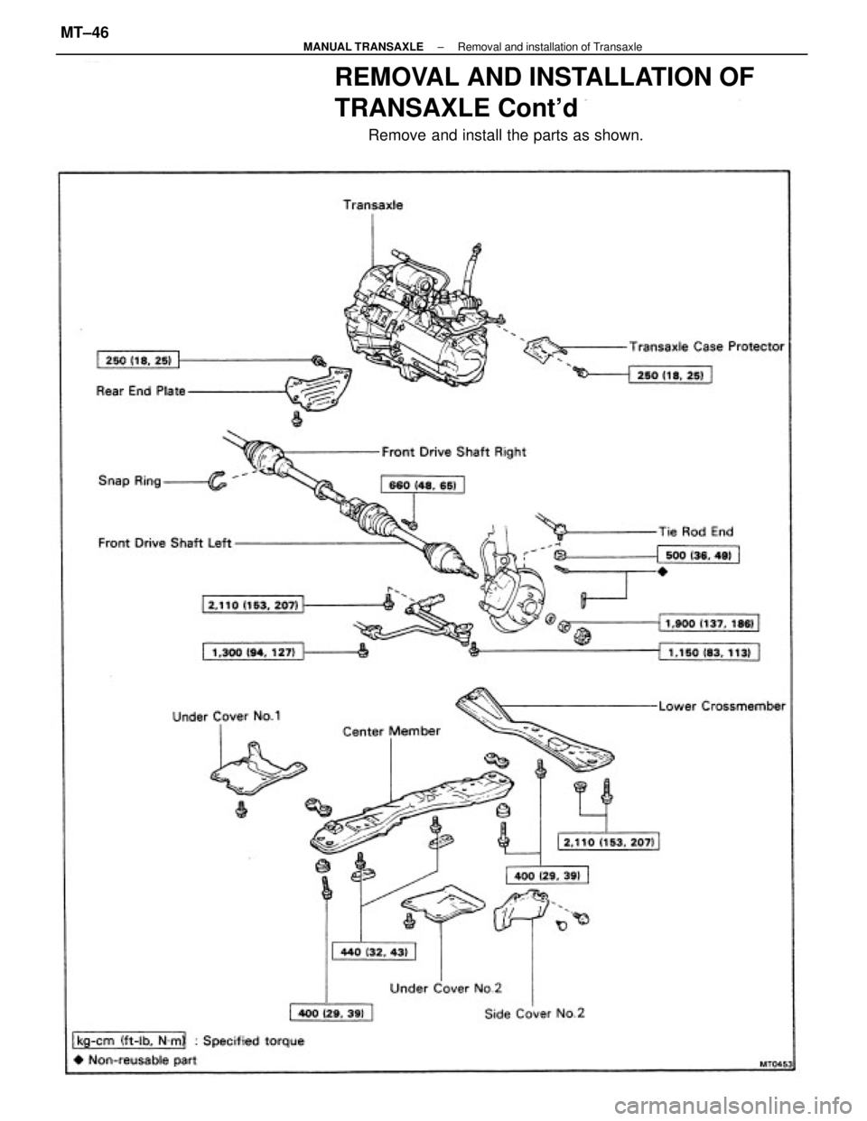 TOYOTA CAMRY V20 1986  Service Information REMOVAL AND INSTALLATION OF
TRANSAXLE Contd
Remove and install the parts as shown.
± MANUAL TRANSAXLERemoval and installation of TransaxleMT±46 