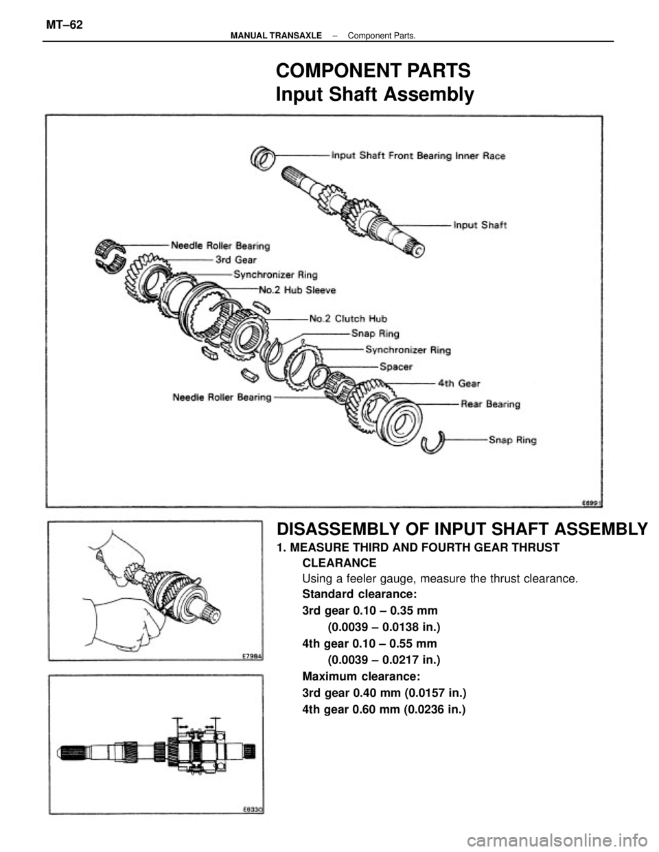 TOYOTA CAMRY V20 1986  Service Information DISASSEMBLY OF INPUT SHAFT ASSEMBLY
1. MEASURE THIRD AND FOURTH GEAR THRUST
CLEARANCE
Using a feeler gauge, measure the thrust clearance.
Standard clearance:
3rd gear 0.10 ± 0.35 mm
(0.0039 ± 0.0138