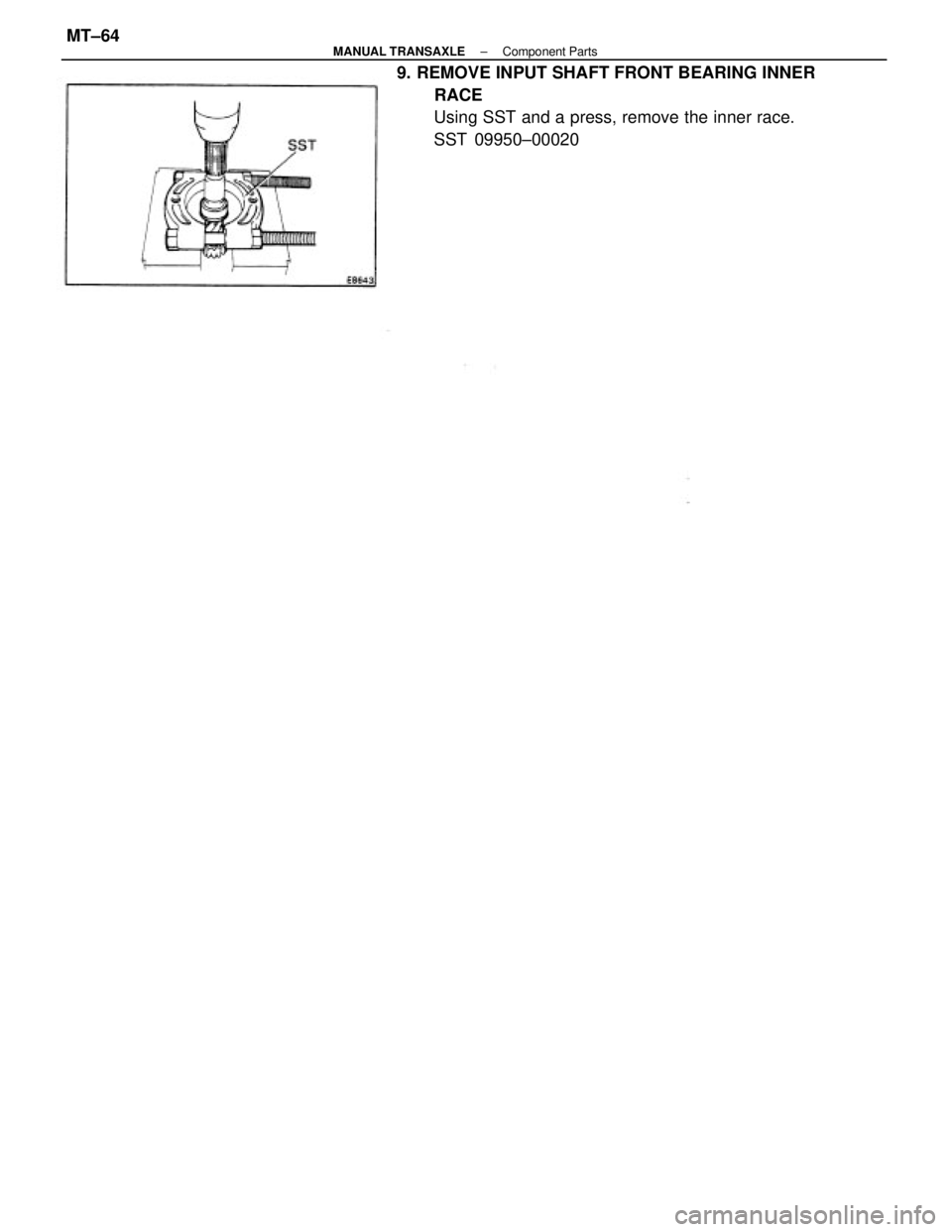 TOYOTA CAMRY V20 1986  Service Information 9. REMOVE INPUT SHAFT FRONT BEARING INNER
RACE
Using SST and a press, remove the inner race.
SST 09950±00020
± MANUAL TRANSAXLEComponent PartsMT±64 