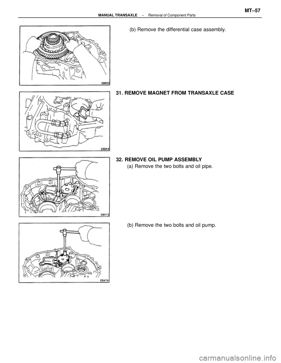 TOYOTA CAMRY V20 1986  Service Information 32. REMOVE OIL PUMP ASSEMBLY
(a) Remove the two bolts and oil pipe.(b) Remove the differential case assembly.
31. REMOVE MAGNET FROM TRANSAXLE CASE
(b) Remove the two bolts and oil pump.
± MANUAL TRA