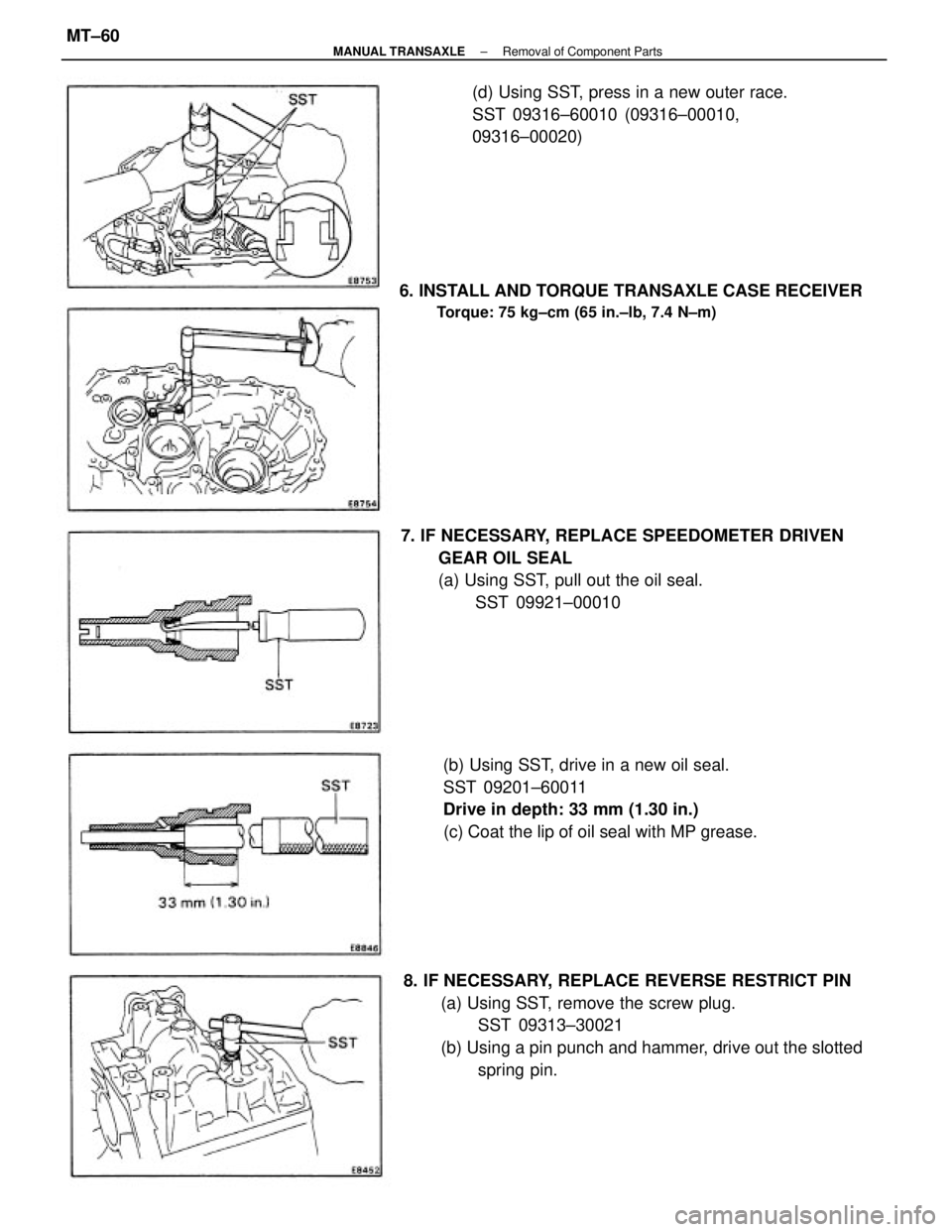 TOYOTA CAMRY V20 1986  Service Information 8. IF NECESSARY, REPLACE REVERSE RESTRICT PIN
(a) Using SST, remove the screw plug.
SST 09313±30021
(b) Using a pin punch and hammer, drive out the slotted
spring pin. 7. IF NECESSARY, REPLACE SPEEDO
