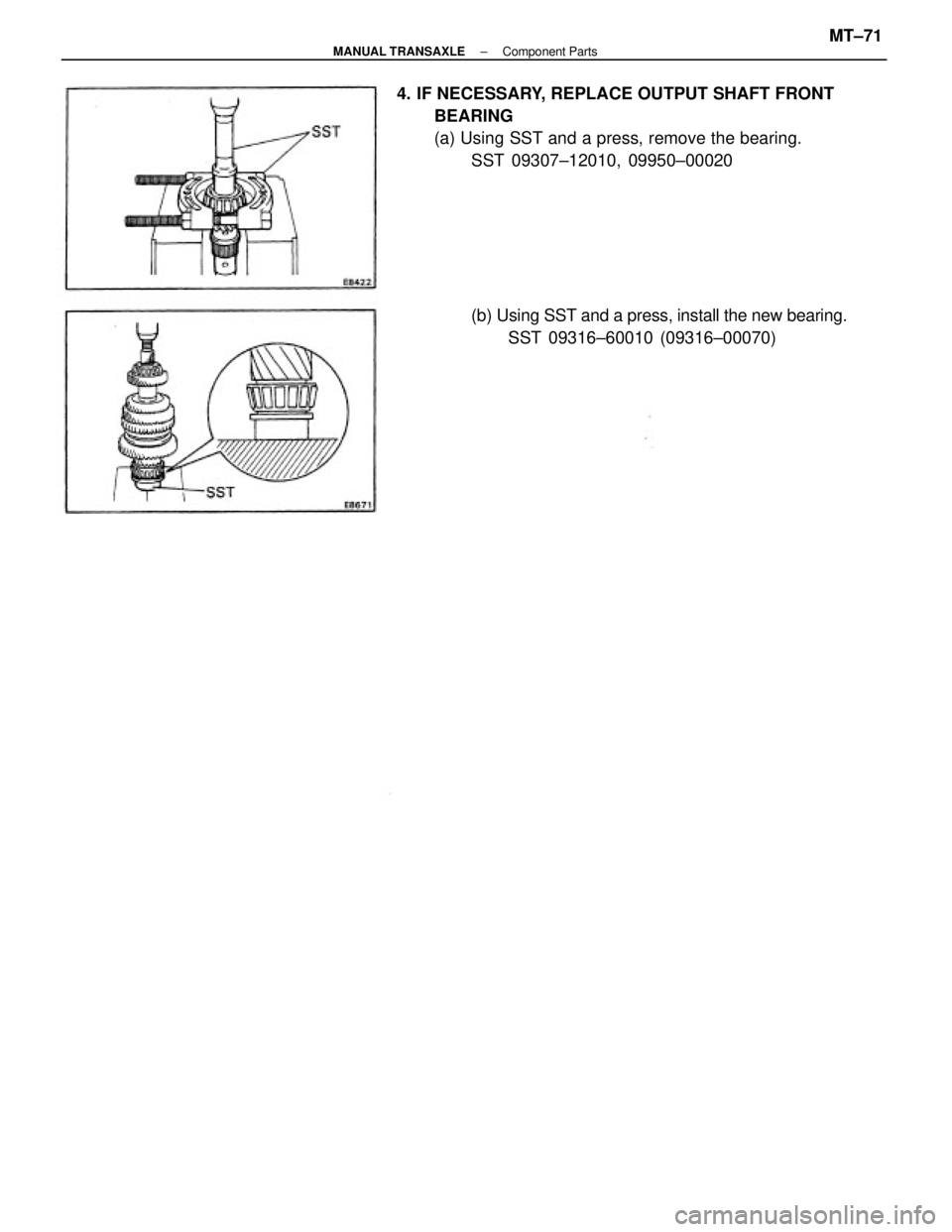 TOYOTA CAMRY V20 1986  Service Information 4. IF NECESSARY, REPLACE OUTPUT SHAFT FRONT
BEARING
(a) Using SST and a press, remove the bearing.
SST 09307±12010, 09950±00020
(b) Using SST and a press, install the new bearing.
SST 09316±60010 (