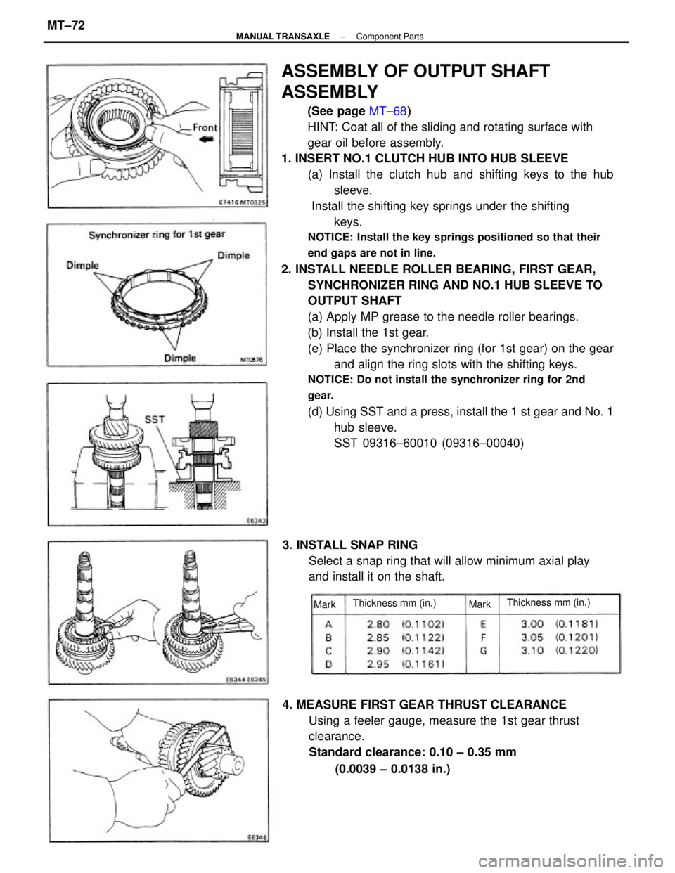 TOYOTA CAMRY V20 1986 Service Information ASSEMBLY OF OUTPUT SHAFT
ASSEMBLY
(See page MT±68)
HINT: Coat all of the sliding and rotating surface with
gear oil before assembly.
1. INSERT NO.1 CLUTCH HUB INTO HUB SLEEVE
(a) Install the clutch h TOYOTA CAMRY V20 1986 Service Information ASSEMBLY OF OUTPUT SHAFT
ASSEMBLY
(See page MT±68)
HINT: Coat all of the sliding and rotating surface with
gear oil before assembly.
1. INSERT NO.1 CLUTCH HUB INTO HUB SLEEVE
(a) Install the clutch h