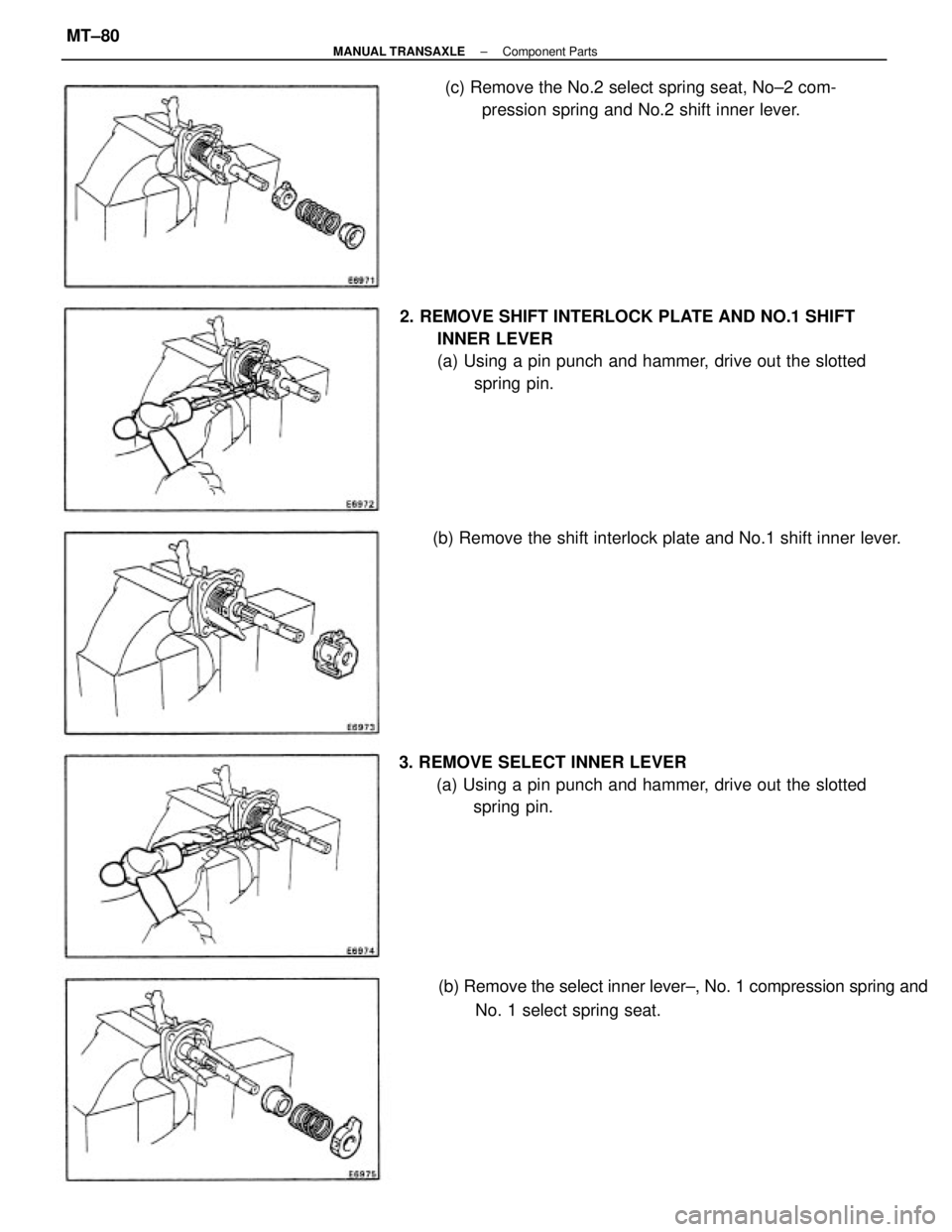 TOYOTA CAMRY V20 1986  Service Information 2. REMOVE SHIFT INTERLOCK PLATE AND NO.1 SHIFT
INNER LEVER
(a) Using a pin punch and hammer, drive out the slotted
spring pin.
3. REMOVE SELECT INNER LEVER
(a) Using a pin punch and hammer, drive out 