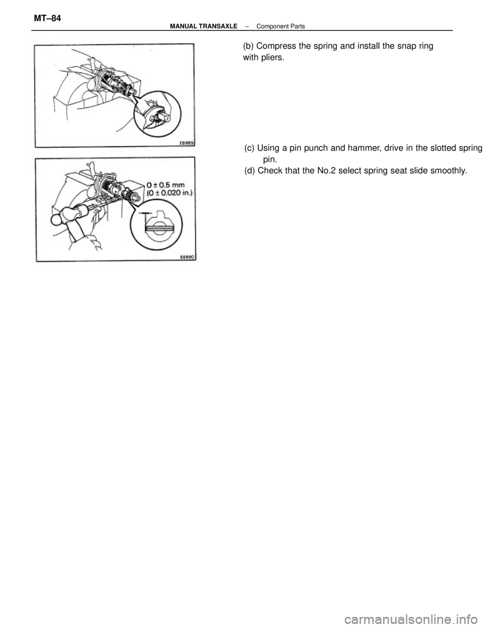 TOYOTA CAMRY V20 1986  Service Information (c) Using a pin punch and hammer, drive in the slotted spring
pin.
(d) Check that the No.2 select spring seat slide smoothly. (b) Compress the spring and install the snap ring
with pliers.
± MANUAL T