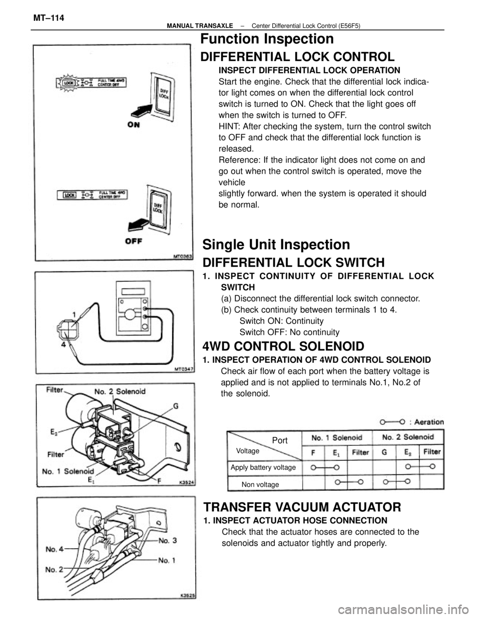 TOYOTA CAMRY V20 1986  Service Information Single Unit Inspection
DIFFERENTIAL LOCK SWITCH
1. INSPECT CONTINUITY OF DIFFERENTIAL LOCK
SWITCH
(a) Disconnect the differential lock switch connector.
(b) Check continuity between terminals 1 to 4.

