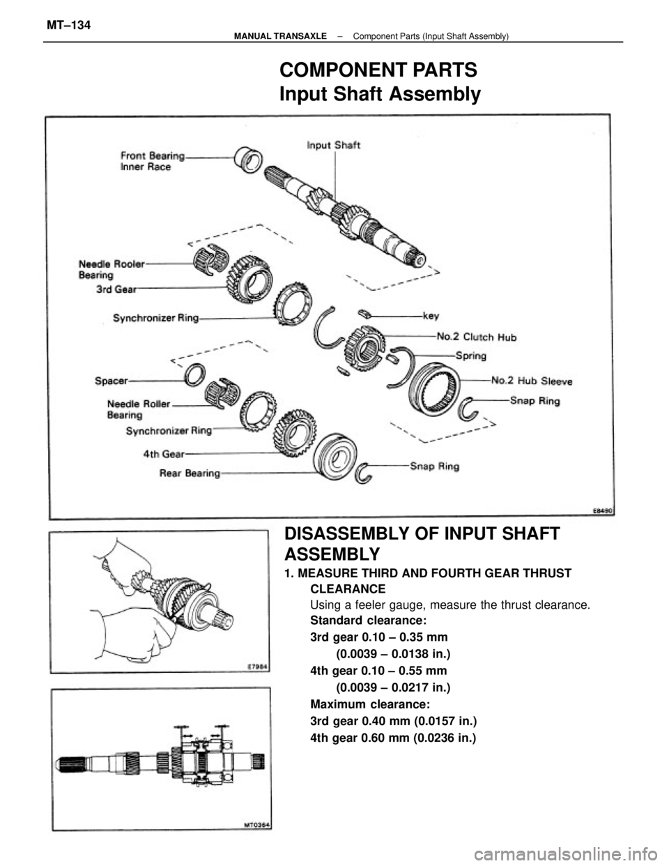 TOYOTA CAMRY V20 1986  Service Information DISASSEMBLY OF INPUT SHAFT
ASSEMBLY
1. MEASURE THIRD AND FOURTH GEAR THRUST
CLEARANCE
Using a feeler gauge, measure the thrust clearance.
Standard clearance:
3rd gear 0.10 ± 0.35 mm
(0.0039 ± 0.0138