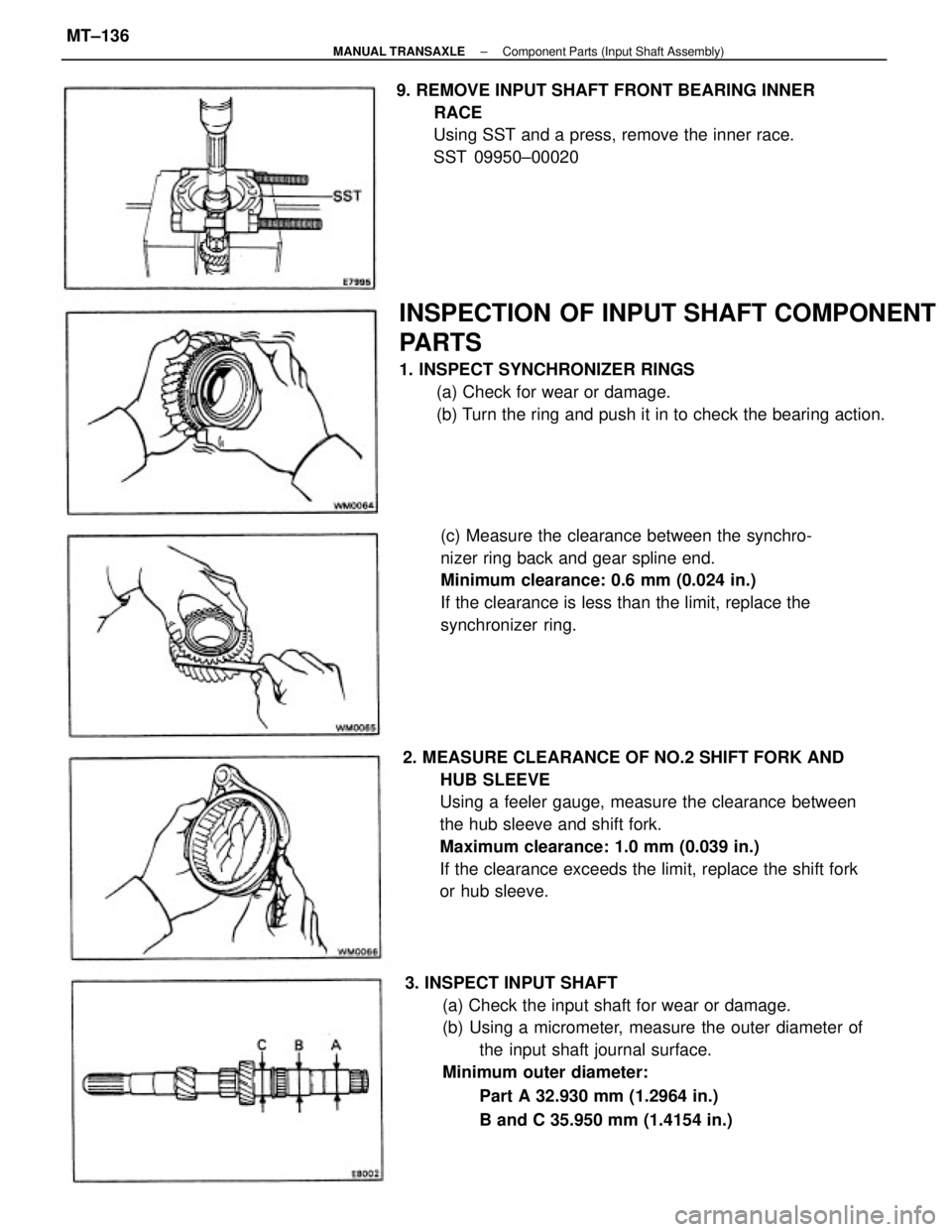 TOYOTA CAMRY V20 1986  Service Information 2. MEASURE CLEARANCE OF NO.2 SHIFT FORK AND
HUB SLEEVE
Using a feeler gauge, measure the clearance between
the hub sleeve and shift fork.
Maximum clearance: 1.0 mm (0.039 in.)
If the clearance exceeds