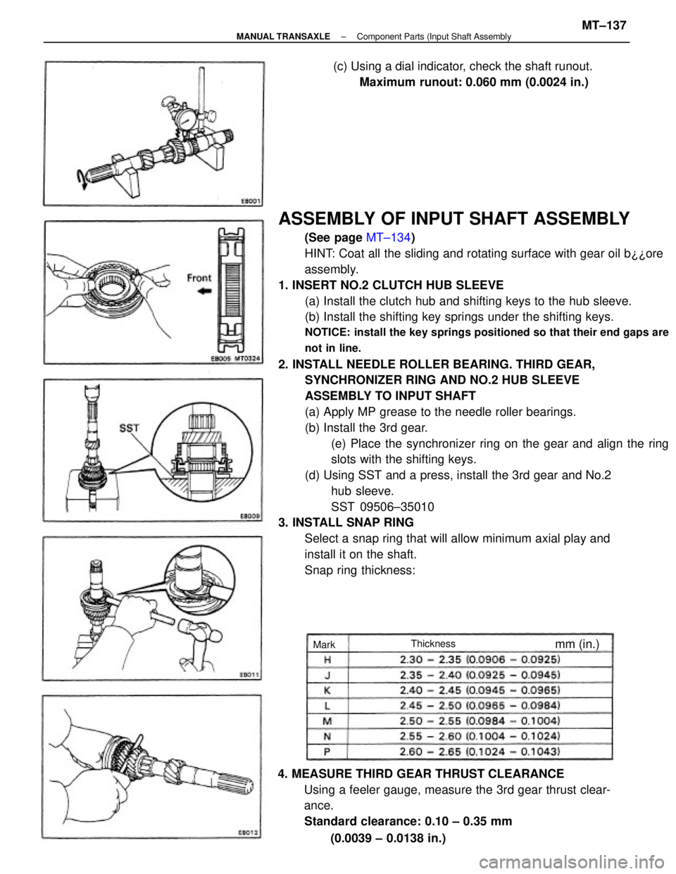 TOYOTA CAMRY V20 1986 Service Information ASSEMBLY OF INPUT SHAFT ASSEMBLY
(See page MT±134)
HINT: Coat all the sliding and rotating surface with gear oil b¿¿ore
assembly.
1. INSERT NO.2 CLUTCH HUB SLEEVE
(a) Install the clutch hub and shi TOYOTA CAMRY V20 1986 Service Information ASSEMBLY OF INPUT SHAFT ASSEMBLY
(See page MT±134)
HINT: Coat all the sliding and rotating surface with gear oil b¿¿ore
assembly.
1. INSERT NO.2 CLUTCH HUB SLEEVE
(a) Install the clutch hub and shi