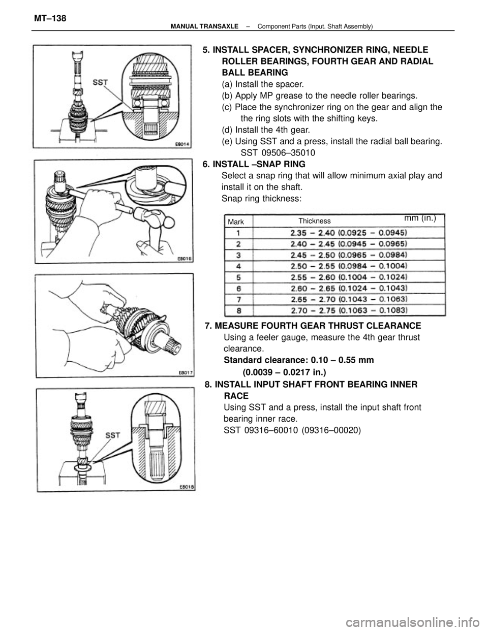 TOYOTA CAMRY V20 1986  Service Information 5. INSTALL SPACER, SYNCHRONIZER RING, NEEDLE
ROLLER BEARINGS, FOURTH GEAR AND RADIAL
BALL BEARING
(a) Install the spacer.
(b) Apply MP grease to the needle roller bearings.
(c) Place the synchronizer 