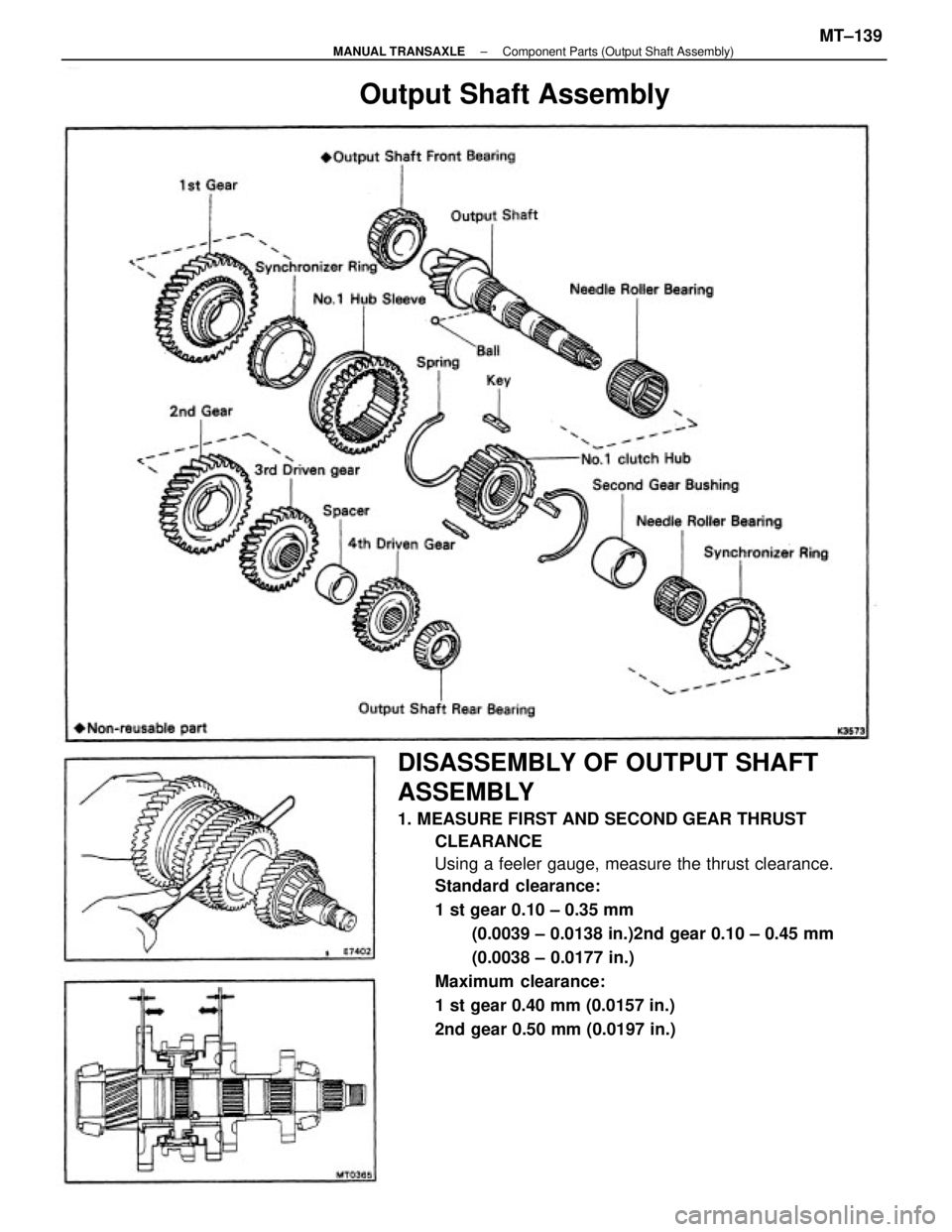 TOYOTA CAMRY V20 1986  Service Information DISASSEMBLY OF OUTPUT SHAFT
ASSEMBLY
1. MEASURE FIRST AND SECOND GEAR THRUST
CLEARANCE
Using a feeler gauge, measure the thrust clearance.
Standard clearance:
1 st gear 0.10 ± 0.35 mm
(0.0039 ± 0.01