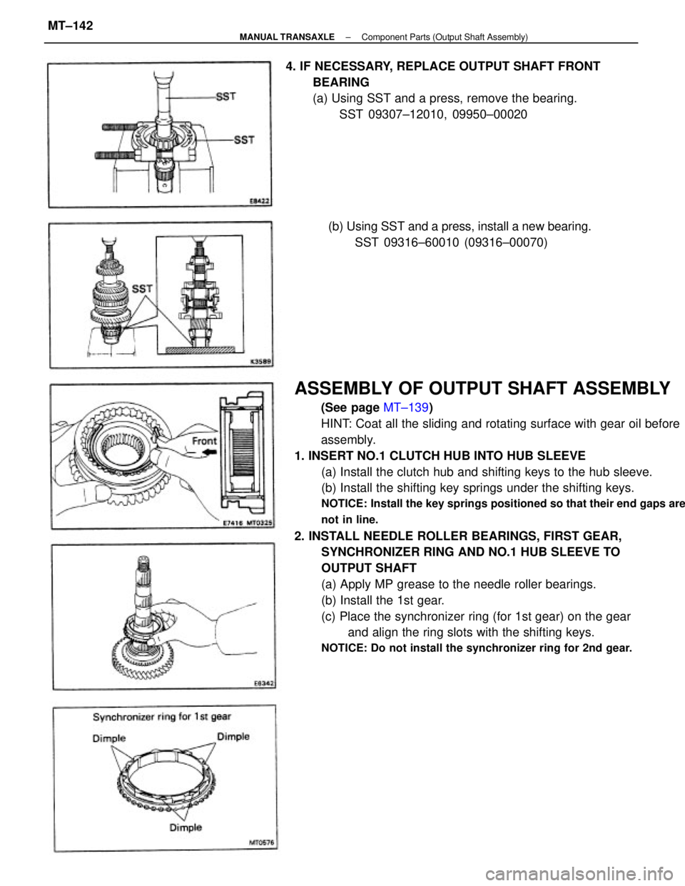 TOYOTA CAMRY V20 1986 Service Information ASSEMBLY OF OUTPUT SHAFT ASSEMBLY
(See page MT±139)
HINT: Coat all the sliding and rotating surface with gear oil before
assembly.
1. INSERT NO.1 CLUTCH HUB INTO HUB SLEEVE
(a) Install the clutch hub TOYOTA CAMRY V20 1986 Service Information ASSEMBLY OF OUTPUT SHAFT ASSEMBLY
(See page MT±139)
HINT: Coat all the sliding and rotating surface with gear oil before
assembly.
1. INSERT NO.1 CLUTCH HUB INTO HUB SLEEVE
(a) Install the clutch hub