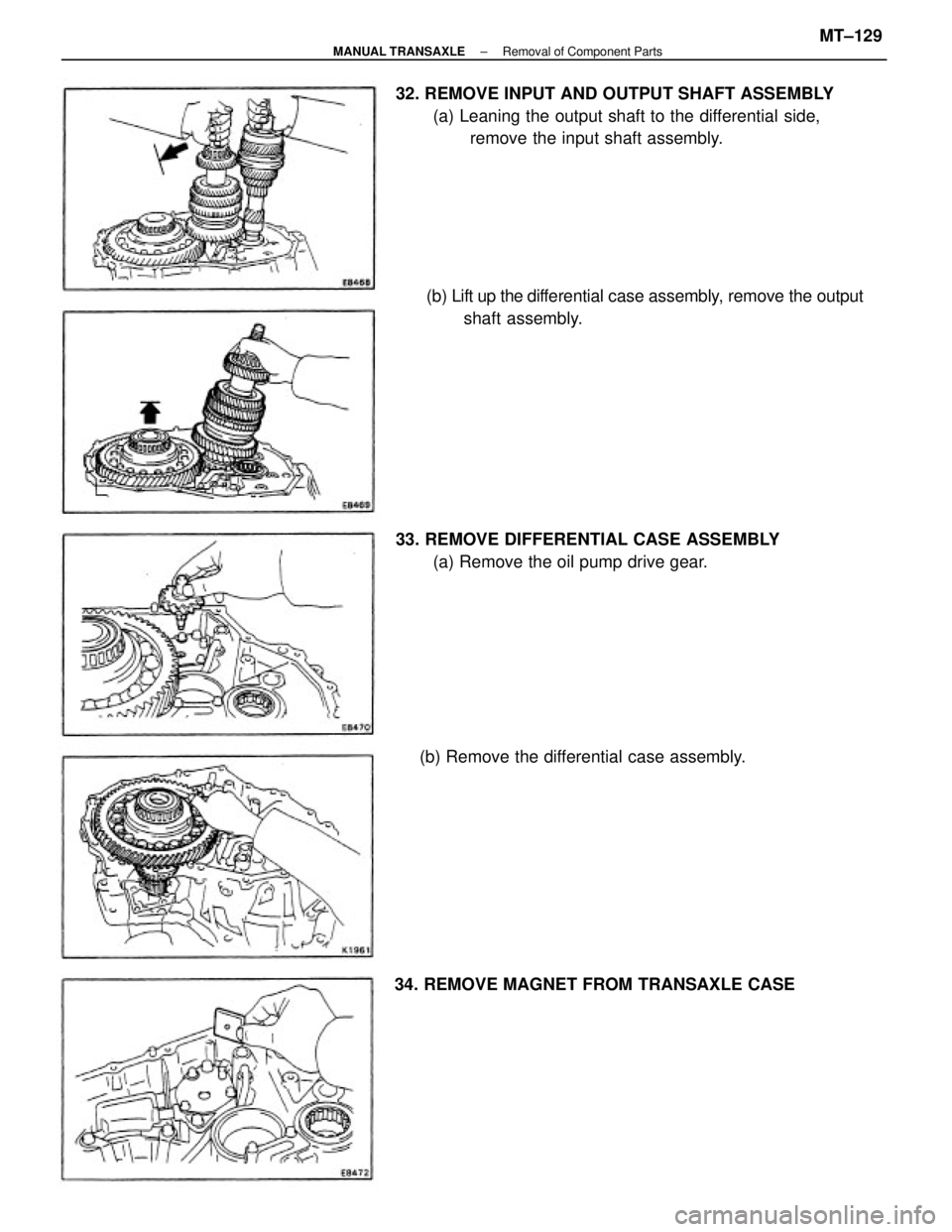TOYOTA CAMRY V20 1986  Service Information (b) Lift up the differential case assembly, remove the output
shaft assembly. 32. REMOVE INPUT AND OUTPUT SHAFT ASSEMBLY
(a) Leaning the output shaft to the differential side,
remove the input shaft a