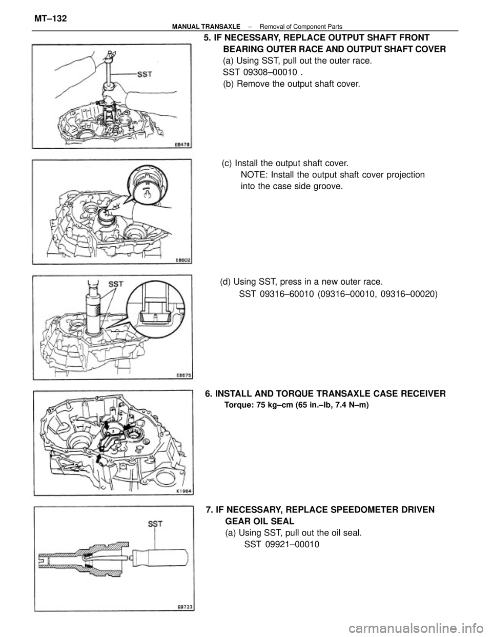 TOYOTA CAMRY V20 1986  Service Information 5. IF NECESSARY, REPLACE OUTPUT SHAFT FRONT
BEARING OUTER RACE AND OUTPUT SHAFT COVER
(a) Using SST, pull out the outer race.
SST 09308±00010 .
(b) Remove the output shaft cover.
7. IF NECESSARY, REP
