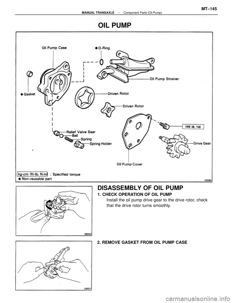 TOYOTA CAMRY V20 1986  Service Information DISASSEMBLY OF OIL PUMP
1. CHECK OPERATION OF OIL PUMP
Install the oil pump drive gear to the drive rotor, check
that the drive rotor turns smoothly.
2. REMOVE GASKET FROM OIL PUMP CASE
OIL PUMP
± MA