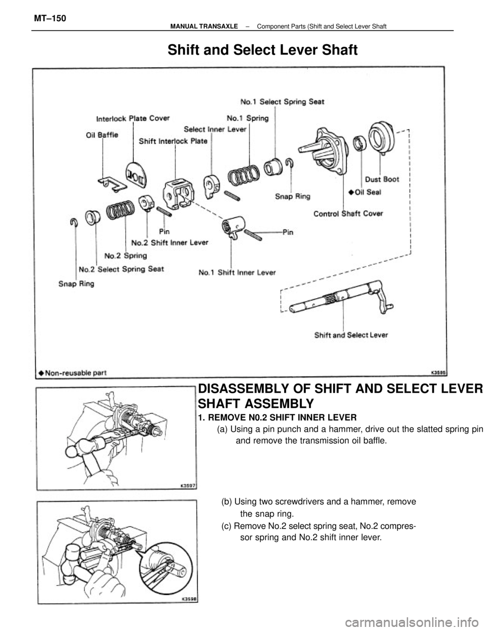 TOYOTA CAMRY V20 1986  Service Information DISASSEMBLY OF SHIFT AND SELECT LEVER
SHAFT ASSEMBLY
1. REMOVE N0.2 SHIFT INNER LEVER
(a) Using a pin punch and a hammer, drive out the slatted spring pin
and remove the transmission oil baffle.
(b) U