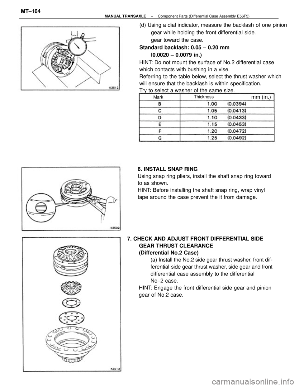 TOYOTA CAMRY V20 1986 Service Information (d) Using a dial indicator, measure the backlash of one pinion
gear while holding the front differential side.
gear toward the case.
Standard backlash: 0.05 ± 0.20 mm
I0.0020 ± 0.0079 in.)
HINT: Do TOYOTA CAMRY V20 1986 Service Information (d) Using a dial indicator, measure the backlash of one pinion
gear while holding the front differential side.
gear toward the case.
Standard backlash: 0.05 ± 0.20 mm
I0.0020 ± 0.0079 in.)
HINT: Do