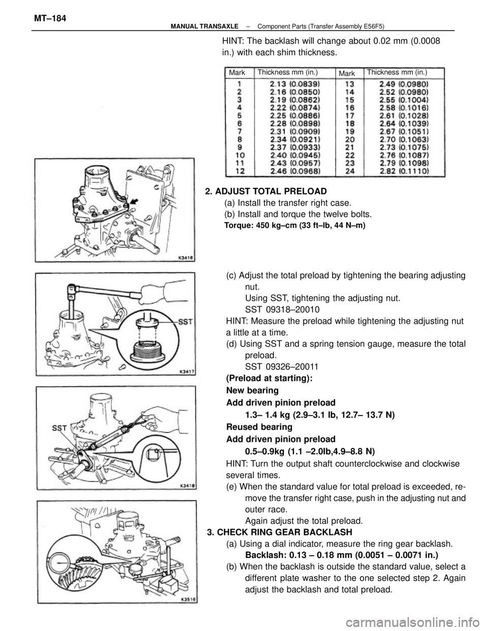 TOYOTA CAMRY V20 1986 Service Information (c) Adjust the total preload by tightening the bearing adjusting
nut.
Using SST, tightening the adjusting nut.
SST 09318±20010
HINT: Measure the preload while tightening the adjusting nut
a little at TOYOTA CAMRY V20 1986 Service Information (c) Adjust the total preload by tightening the bearing adjusting
nut.
Using SST, tightening the adjusting nut.
SST 09318±20010
HINT: Measure the preload while tightening the adjusting nut
a little at