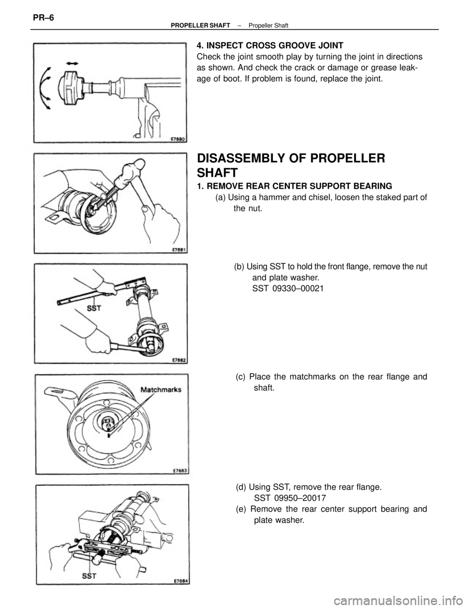 TOYOTA CAMRY V20 1986  Service Information DISASSEMBLY OF PROPELLER
SHAFT
1. REMOVE REAR CENTER SUPPORT BEARING
(a) Using a hammer and chisel, loosen the staked part of
the nut. 4. INSPECT CROSS GROOVE JOINT
Check the joint smooth play by turn